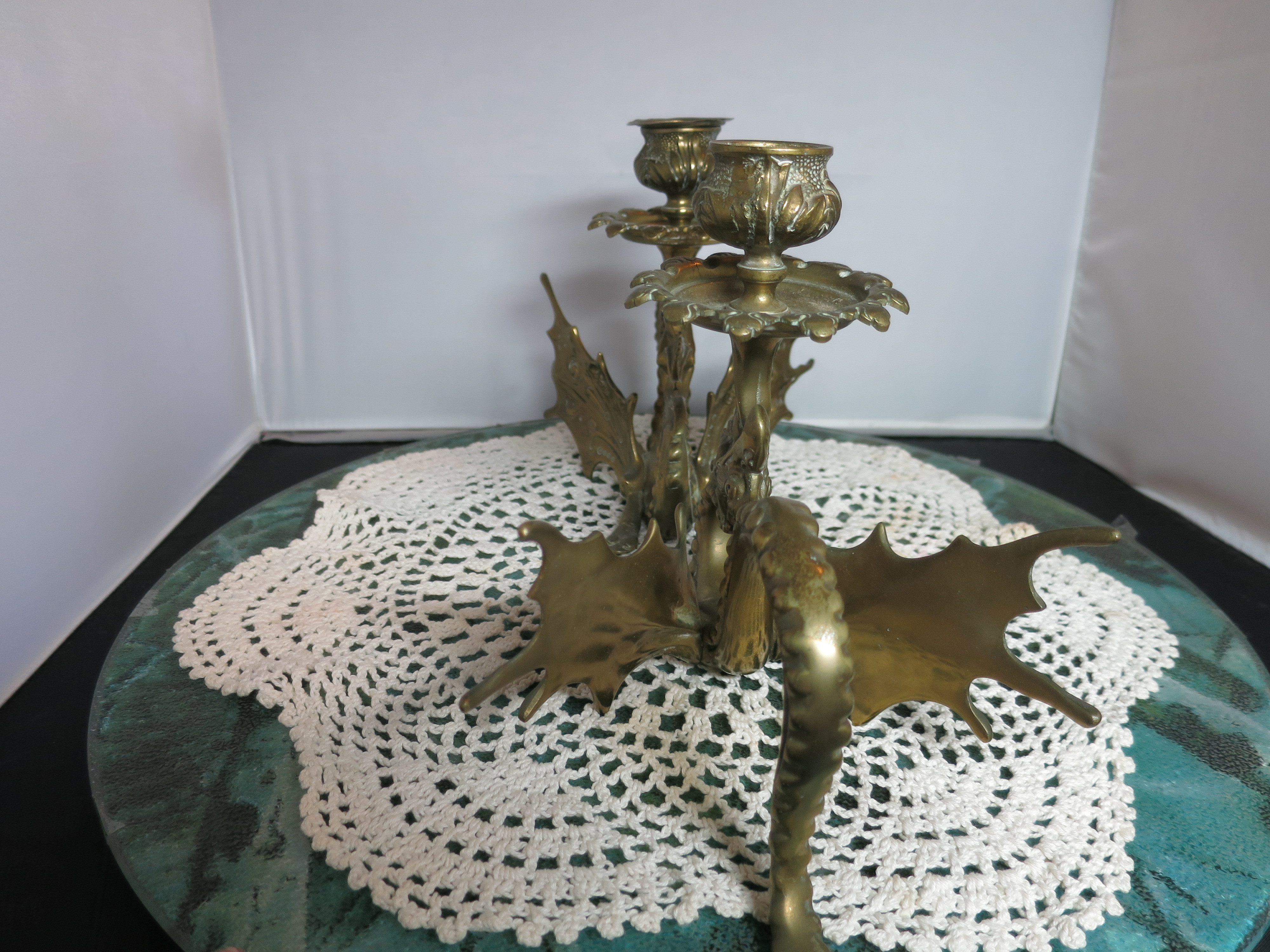 Antique Brass Winged Dragon Griffin Gryphon Candle Holder pair 2