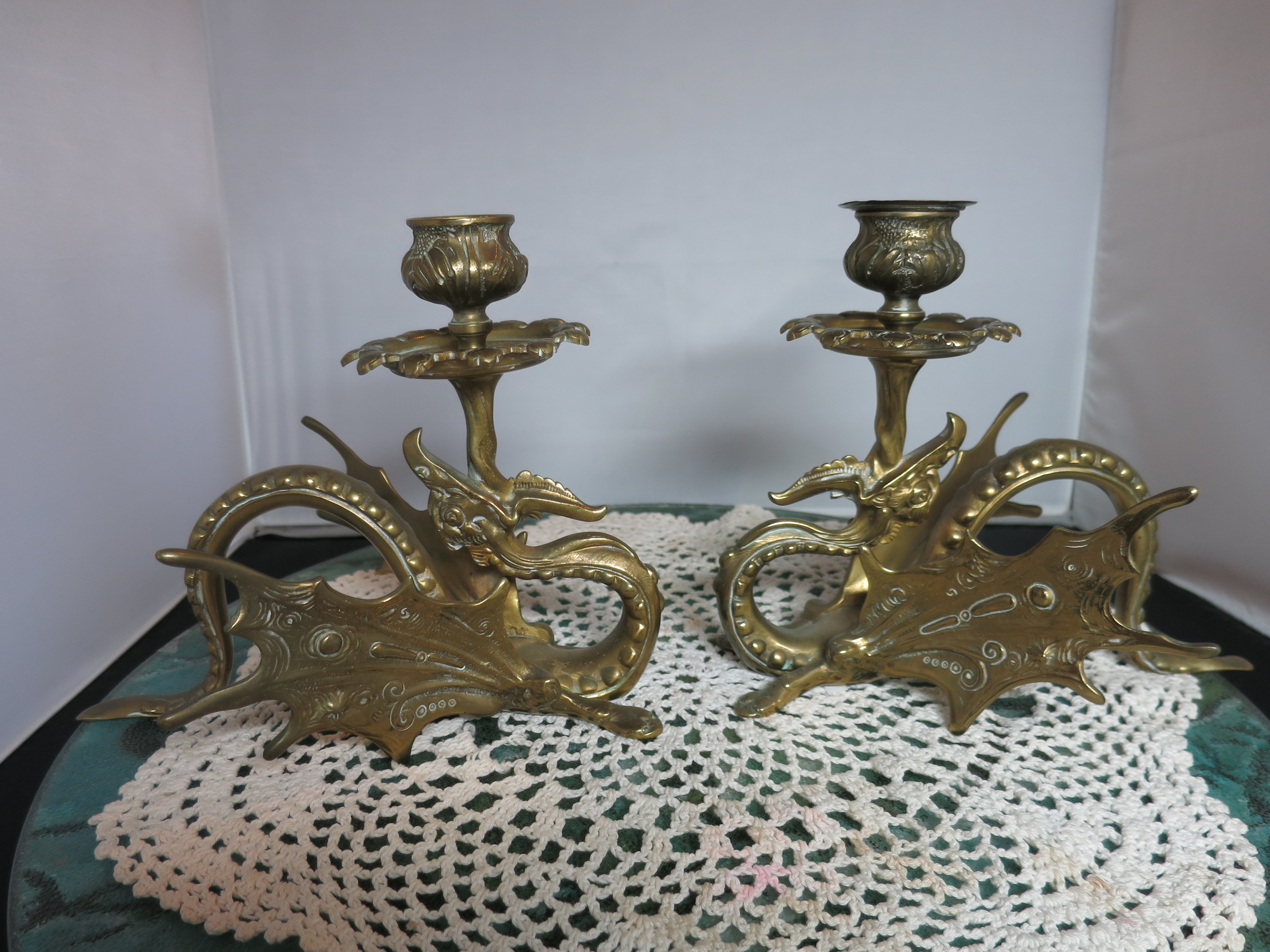Antique Brass Winged Dragon Griffin Gryphon Candle Holder pair 2