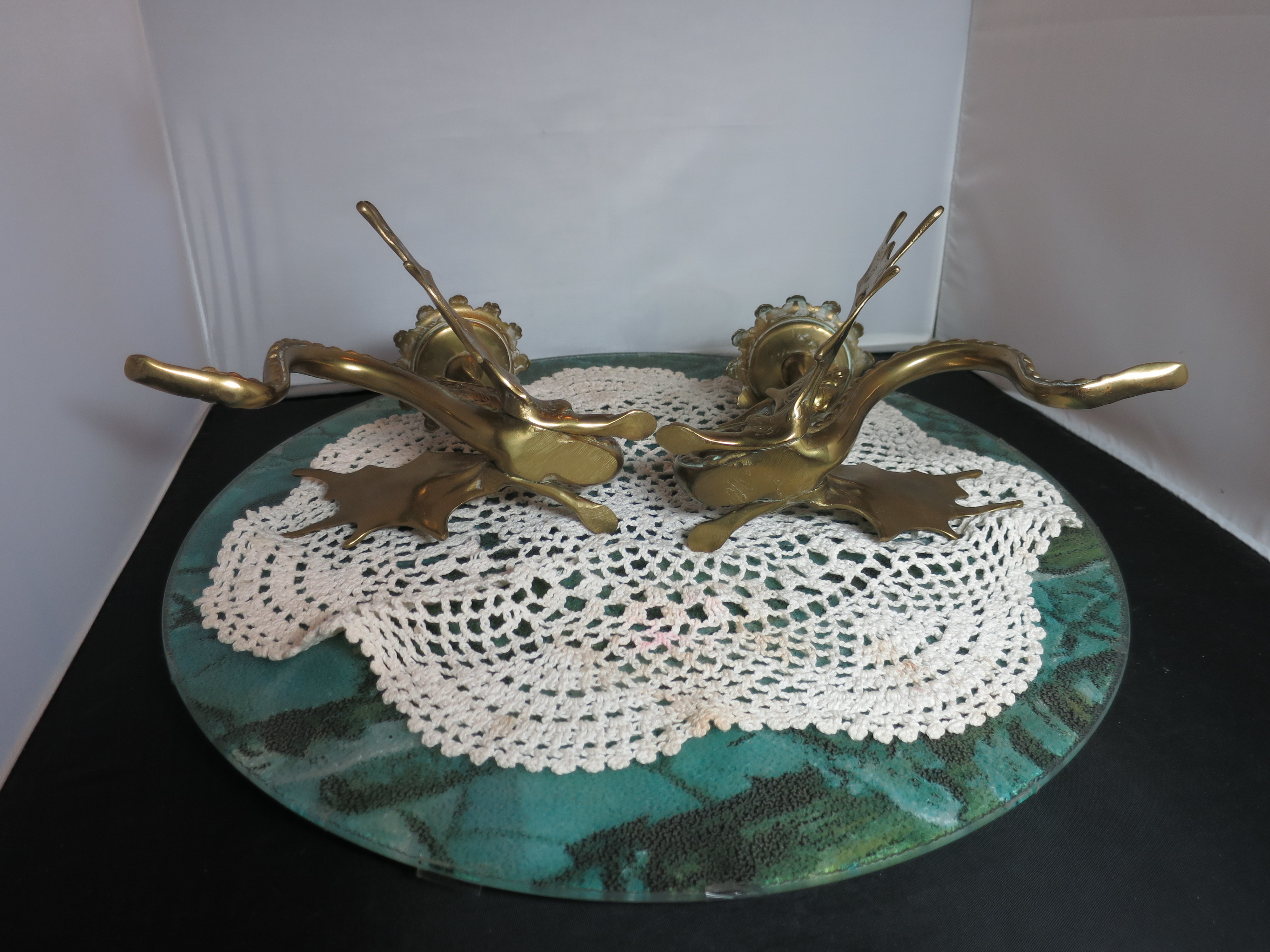 Antique Brass Winged Dragon Griffin Gryphon Candle Holder pair 2