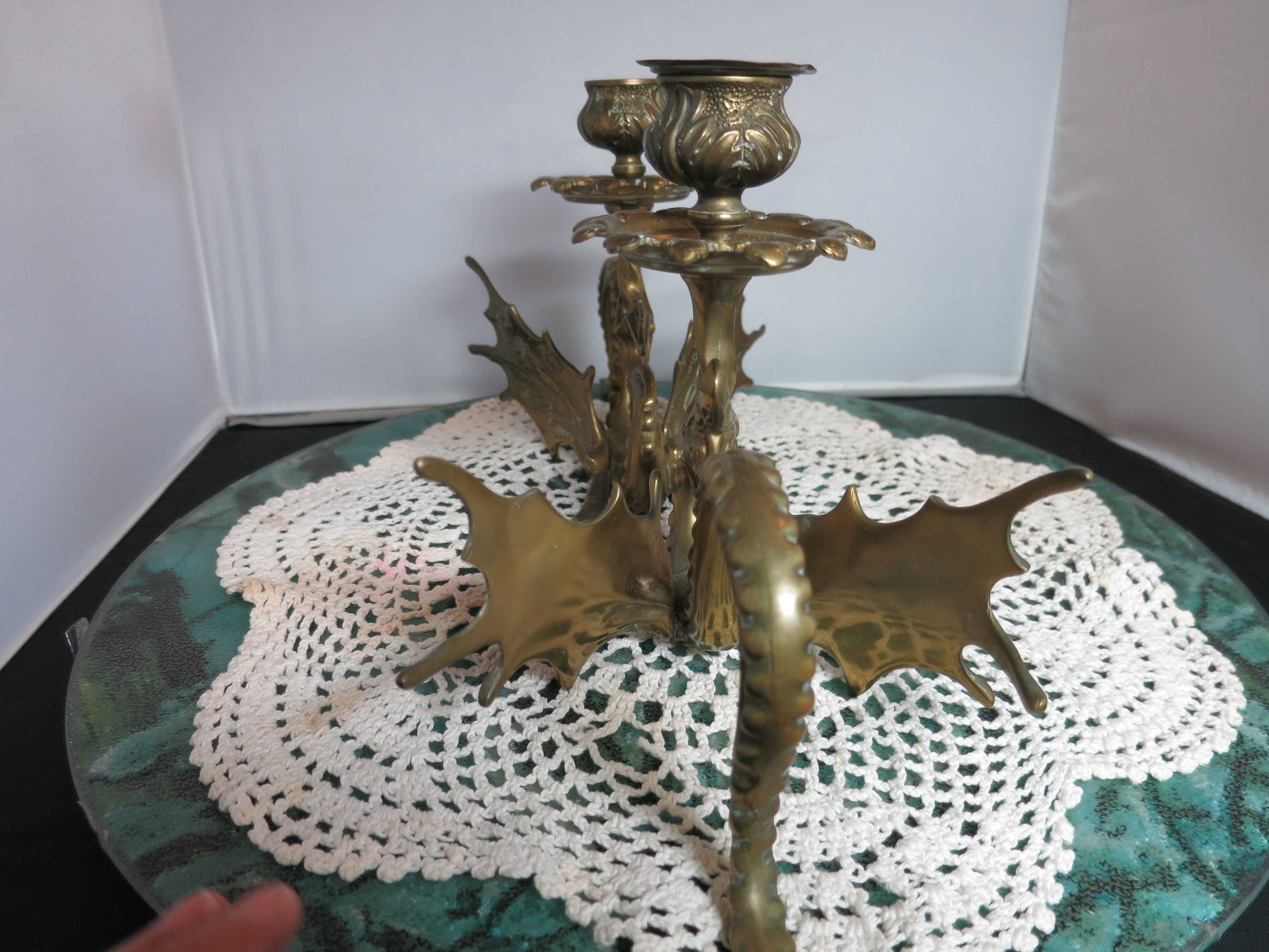 Antique Brass Winged Dragon Griffin Gryphon Candle Holder pair 2