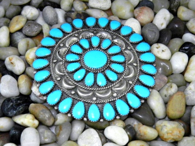 Navajo Sterling Silver Turquoise Brooch Signed DLW