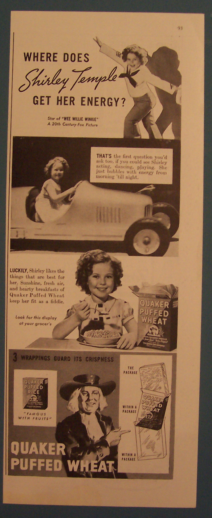 1937 Quaker Puffed Wheat w/Shirley Temple Gets Energy