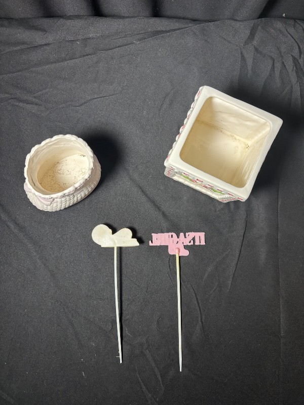 Vintage Ceramic Baby Shower Decor Set: Baby Shoe Planter, Block Planter, and 'It's a Girl' Toppers