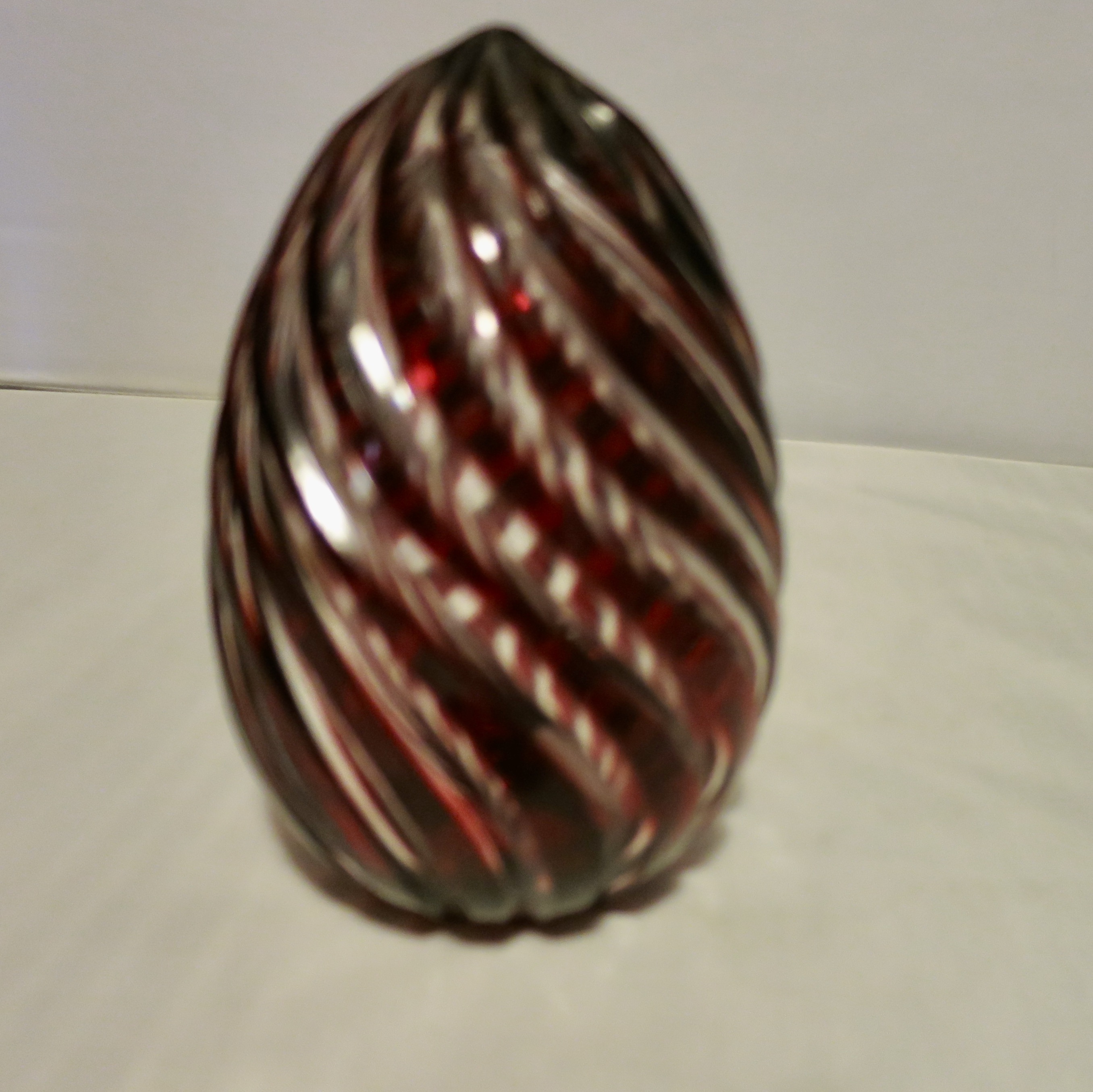Cut Glass Egg Red and Crystal clear Swirl Cut hollow inside thick