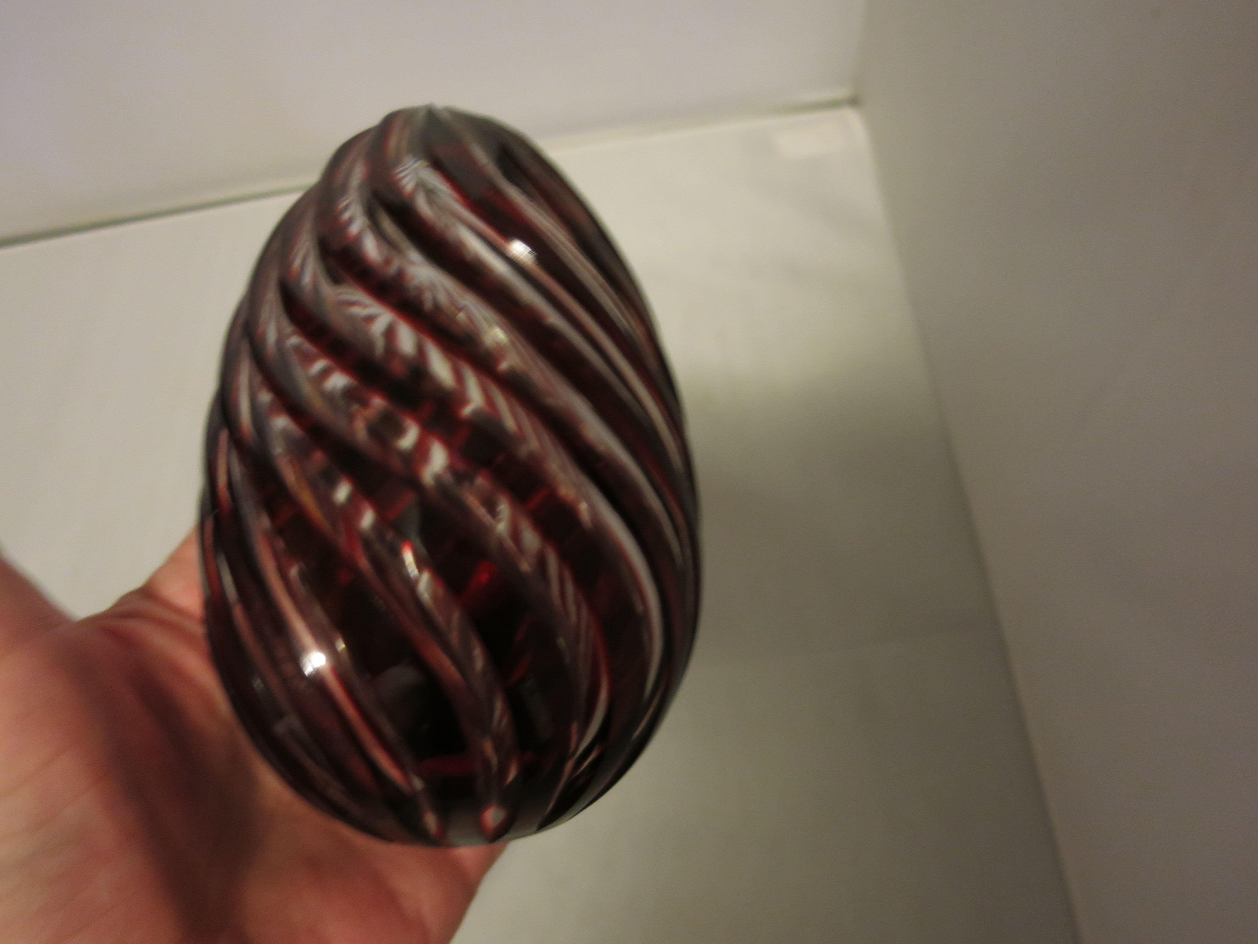 Cut Glass Egg Red and Crystal clear Swirl Cut hollow inside thick