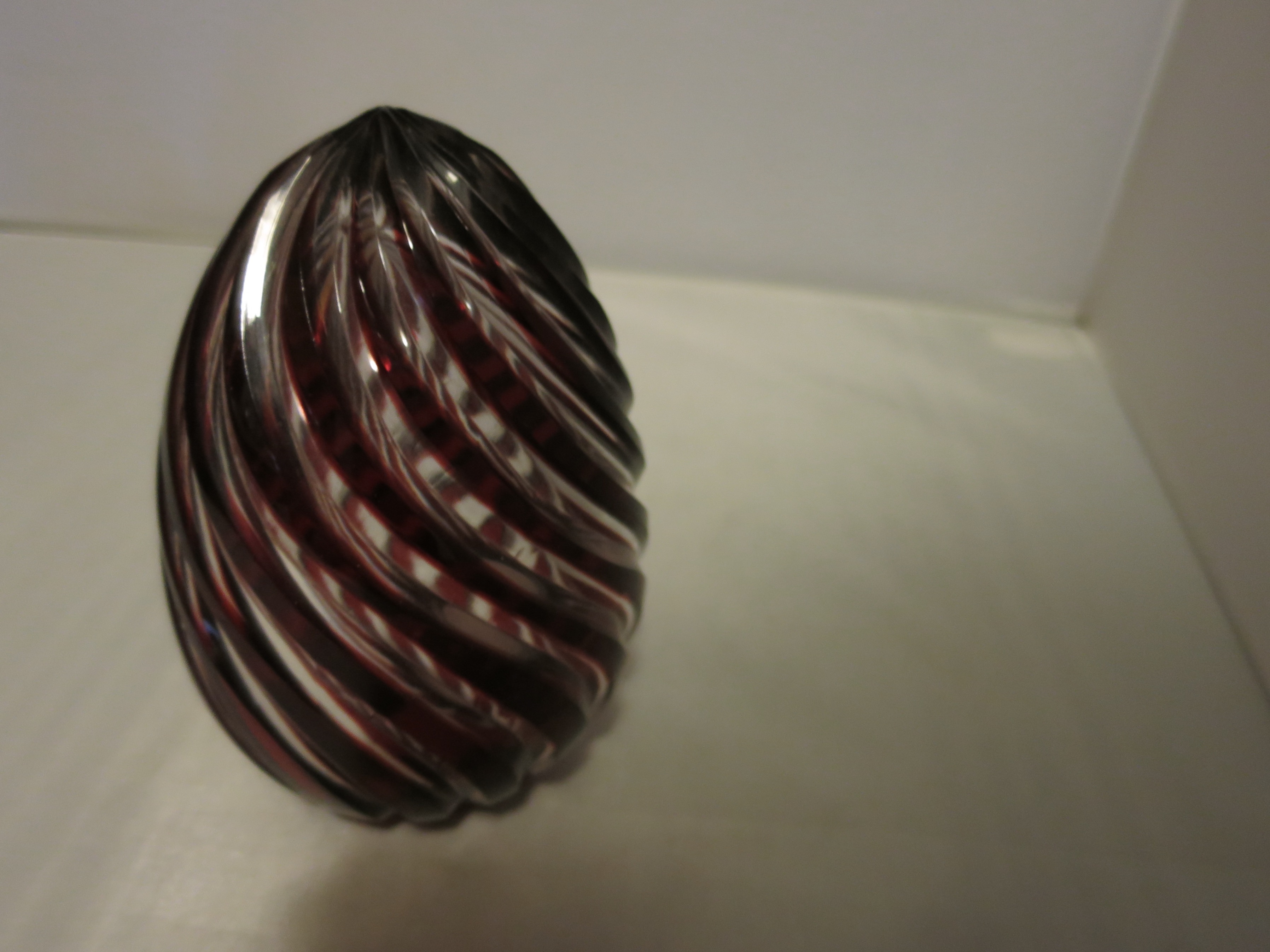 Cut Glass Egg Red and Crystal clear Swirl Cut hollow inside thick