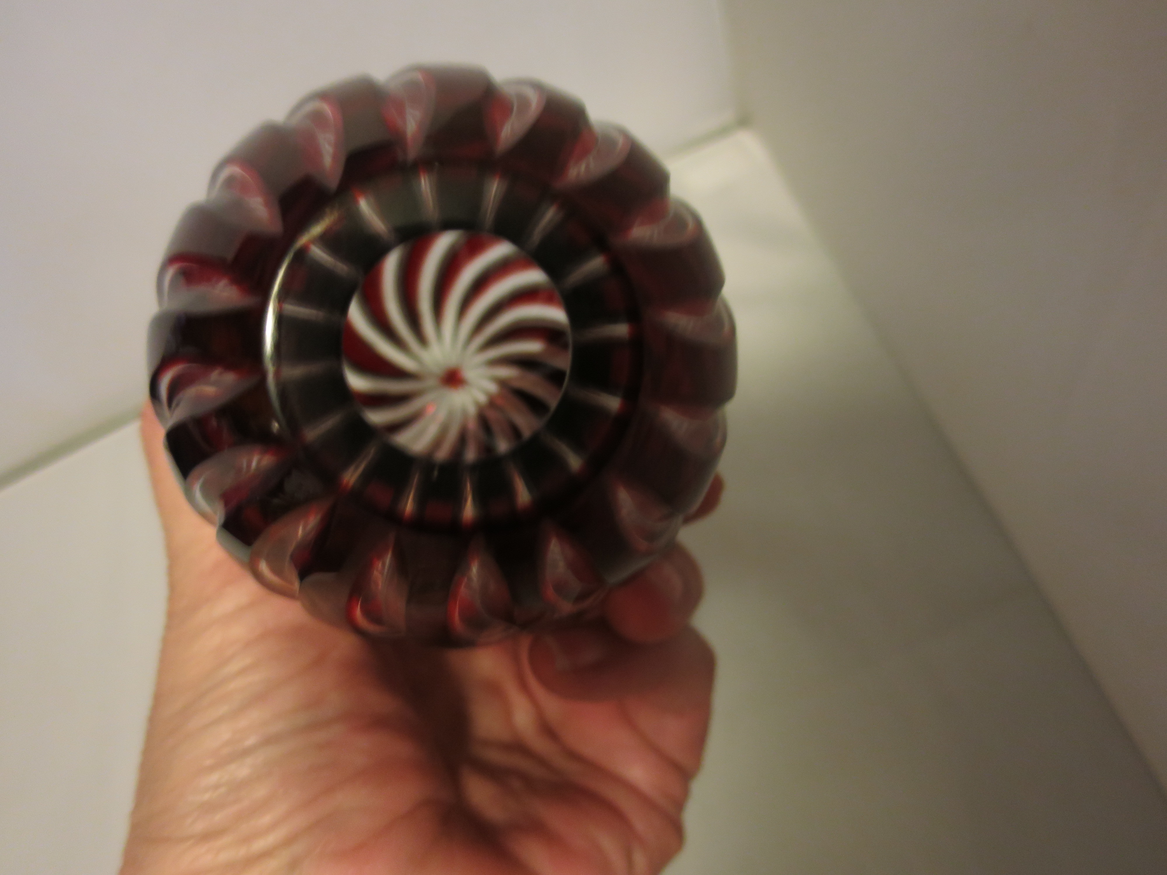 Cut Glass Egg Red and Crystal clear Swirl Cut hollow inside thick