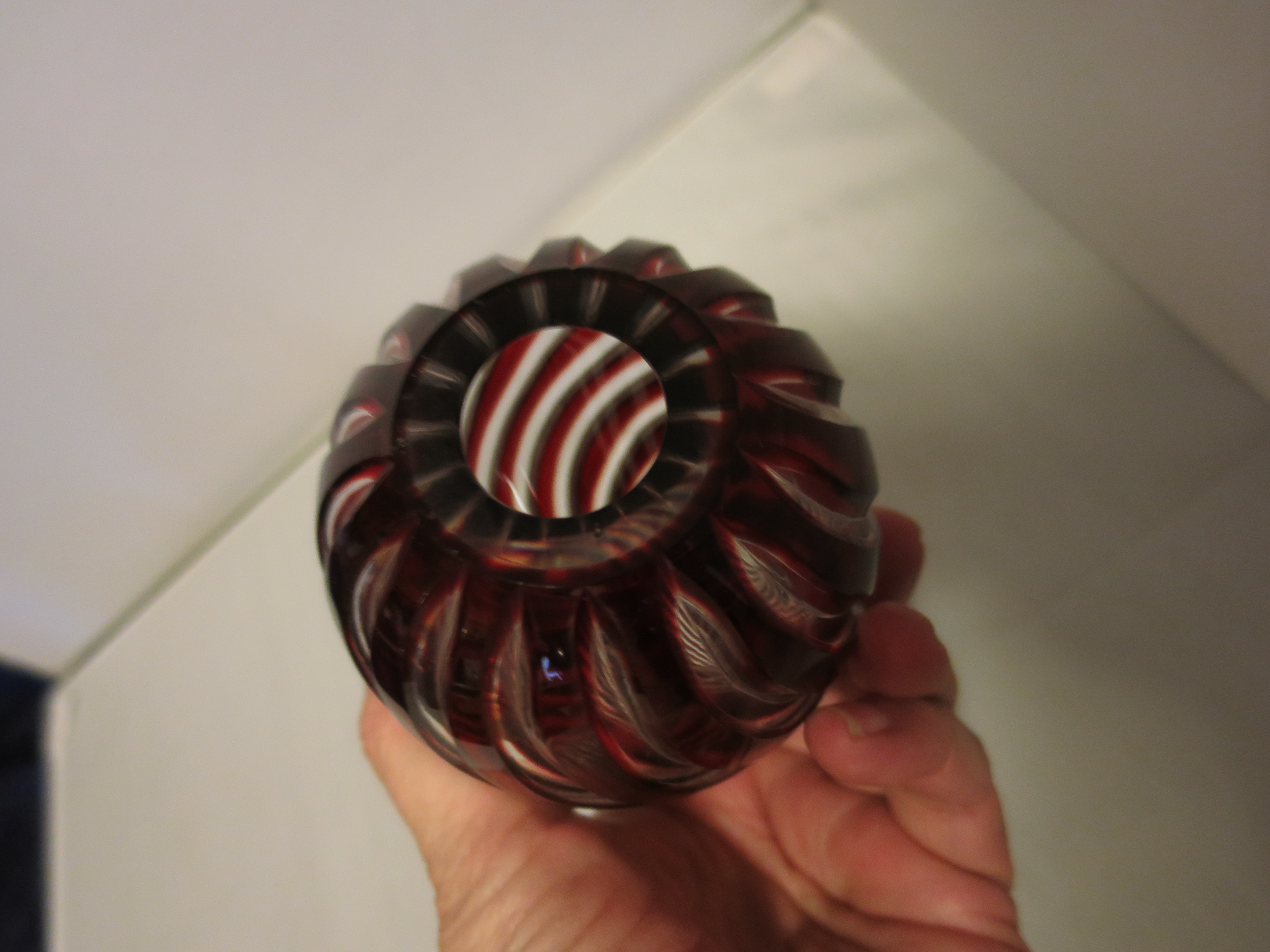 Cut Glass Egg Red and Crystal clear Swirl Cut hollow inside thick