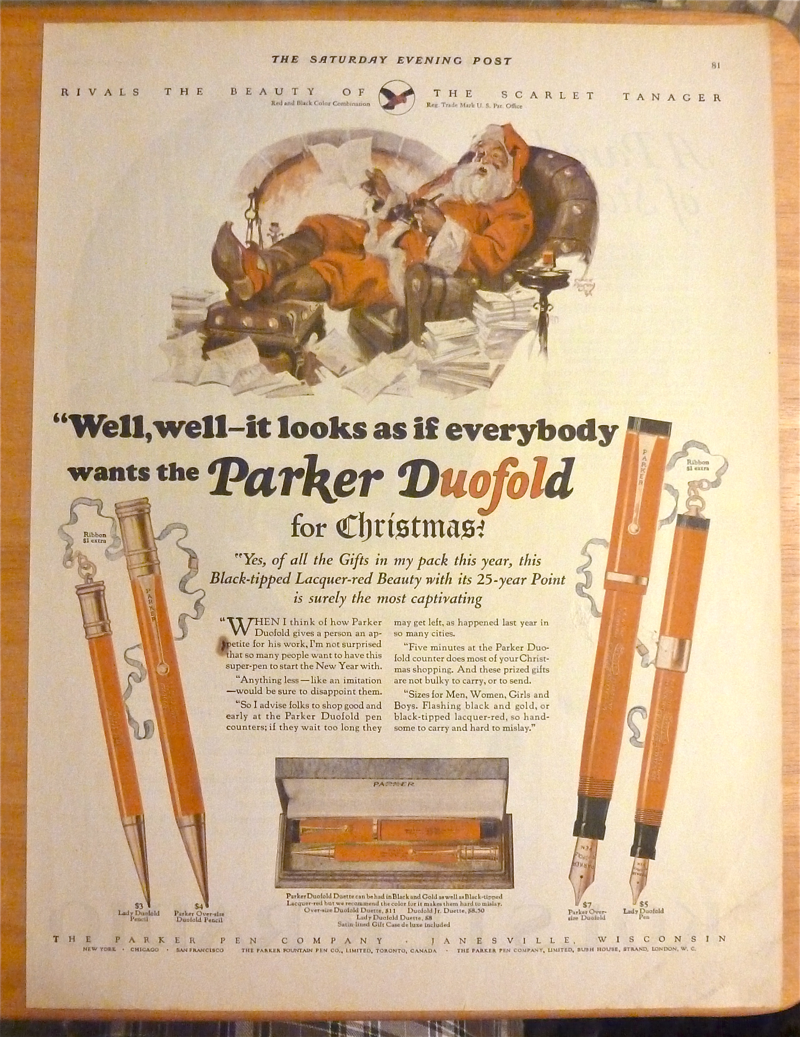 1925 Parker Duofold w/ Santa Sitting In Chair & Writing