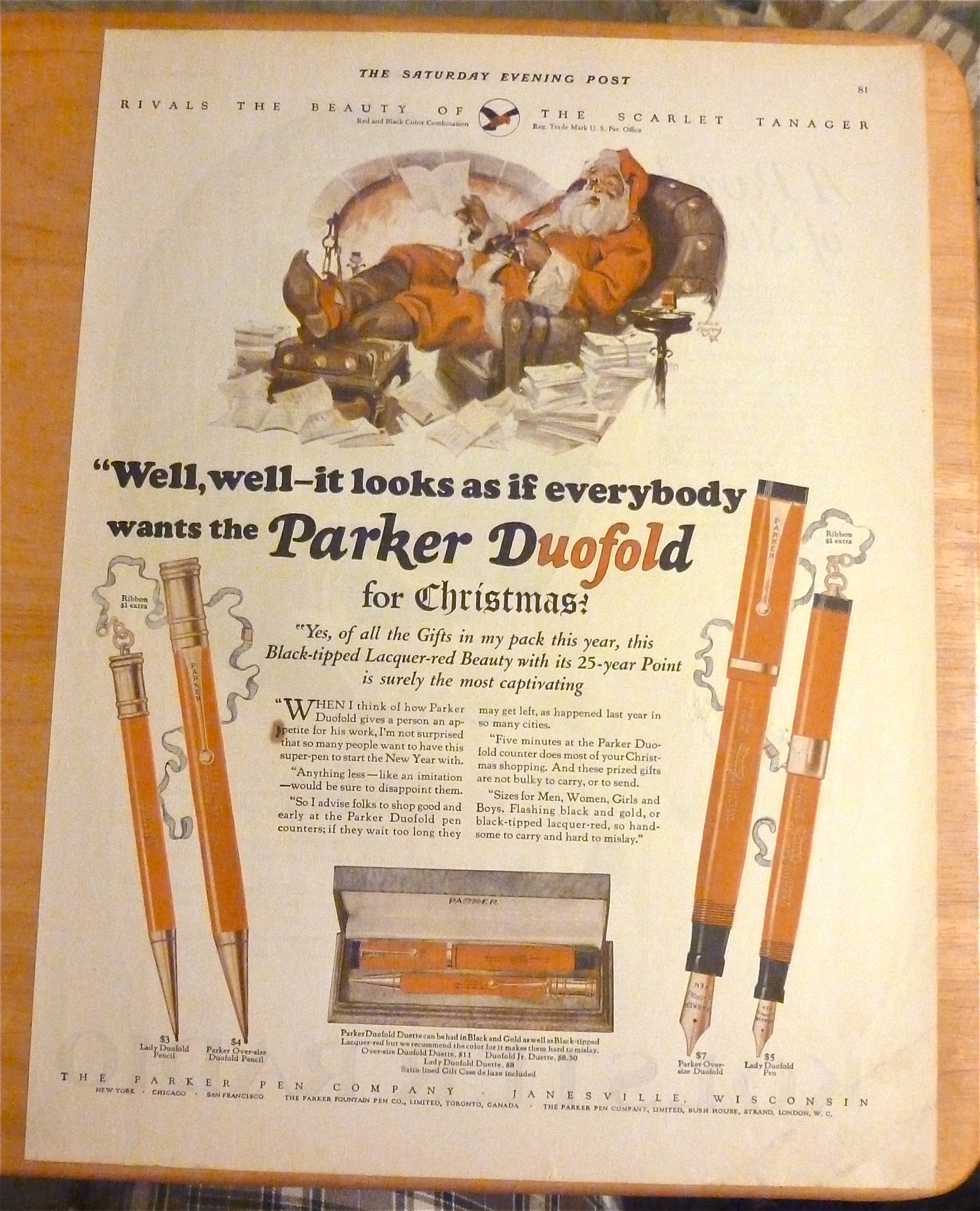 1925 Parker Duofold w/ Santa Sitting In Chair & Writing