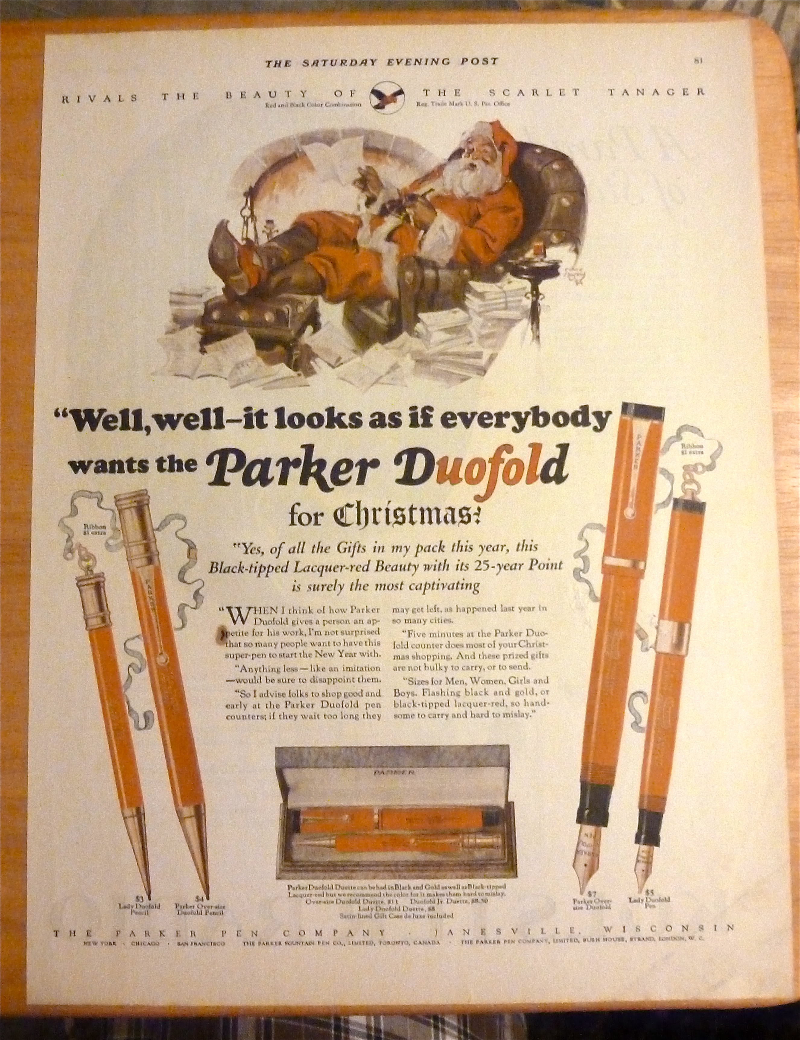 1925 Parker Duofold w/ Santa Sitting In Chair & Writing