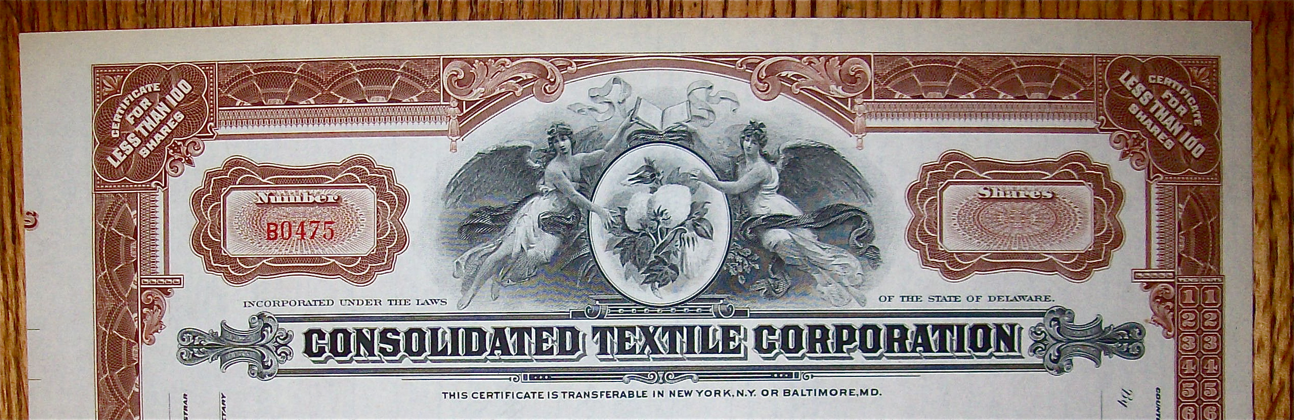 1920's Consolidated Textile Corp Stock Certificate