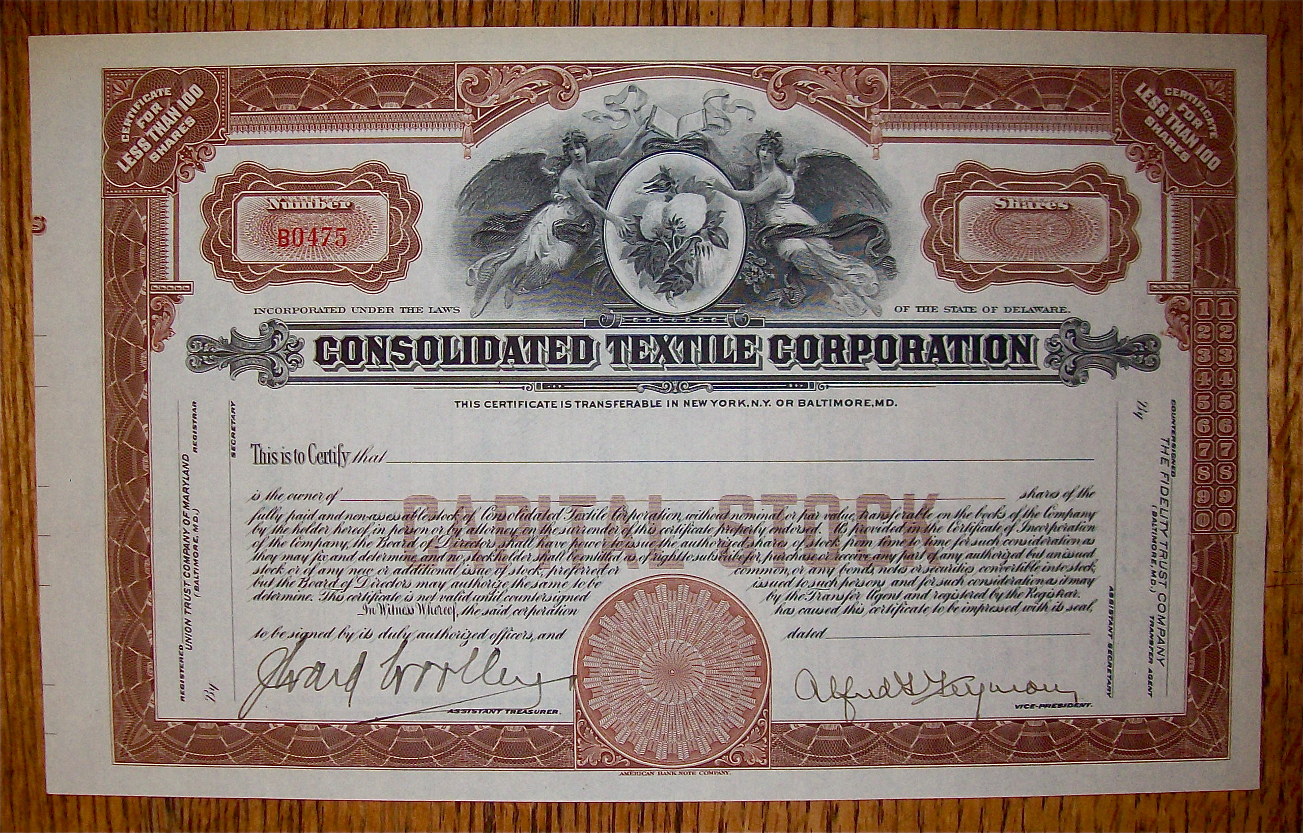 1920's Consolidated Textile Corp Stock Certificate