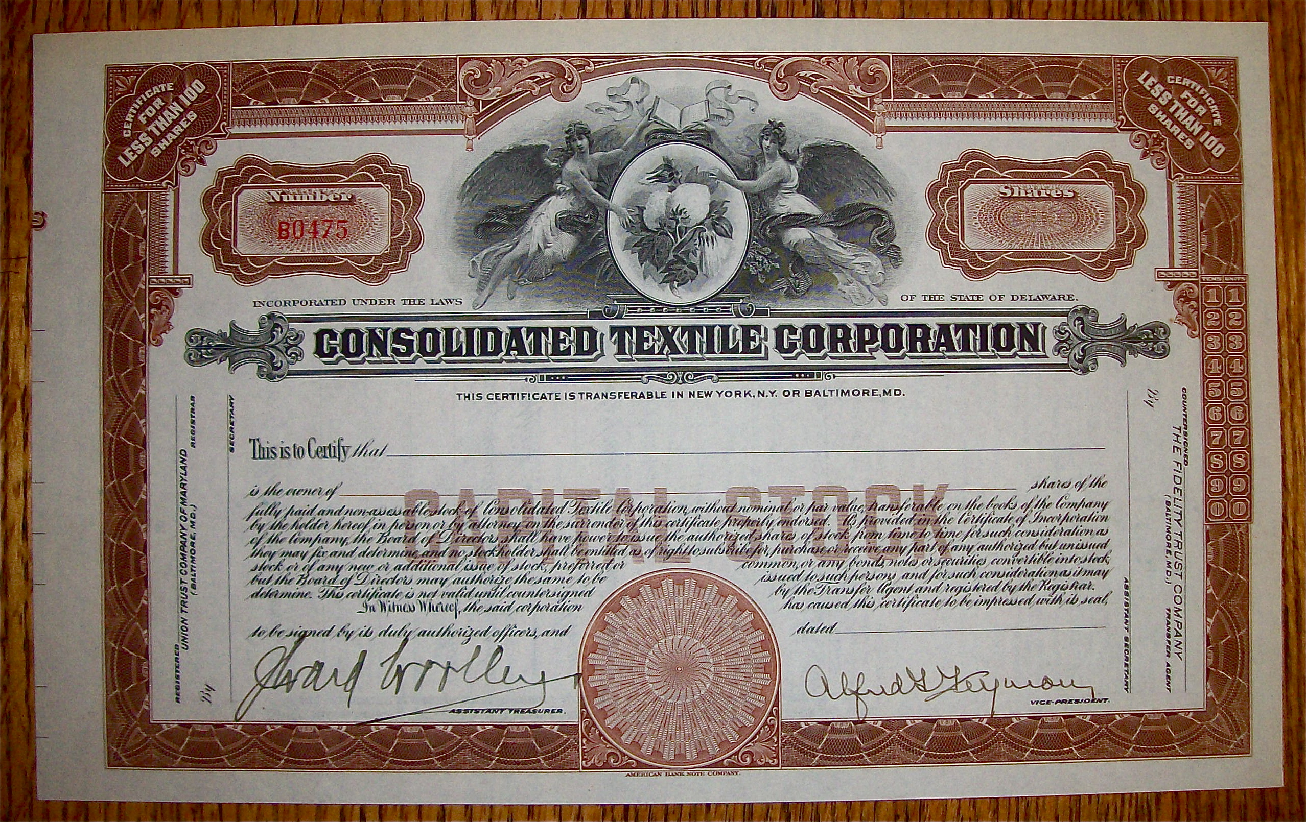 1920's Consolidated Textile Corp Stock Certificate