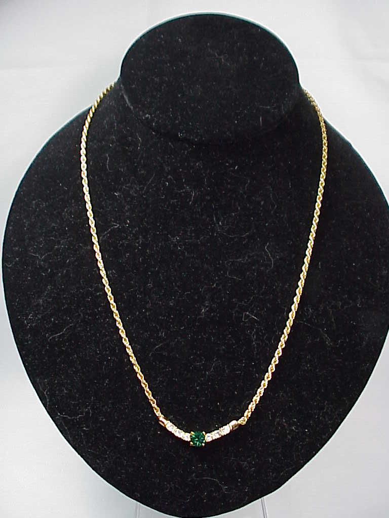 Emerald Green And Clear Rhinestone Gold Tone Necklace Signed Roman