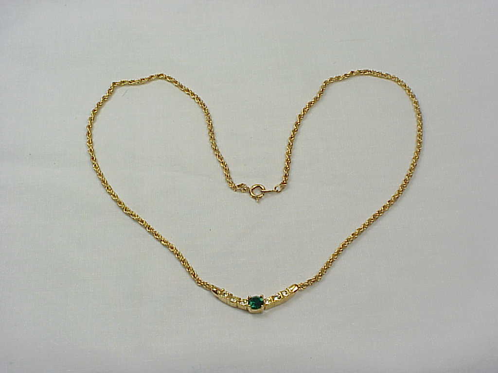 Emerald Green And Clear Rhinestone Gold Tone Necklace Signed Roman