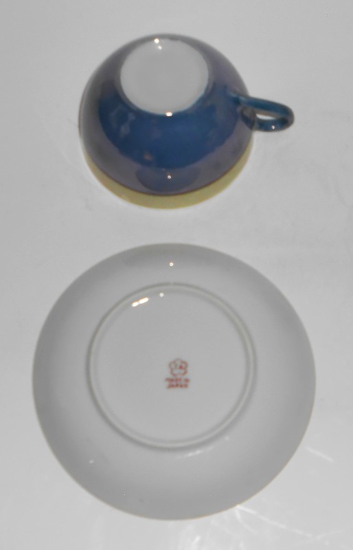 Japan Porcelain Blue Yellow Orange Lustre Wear Cup & Saucer Set