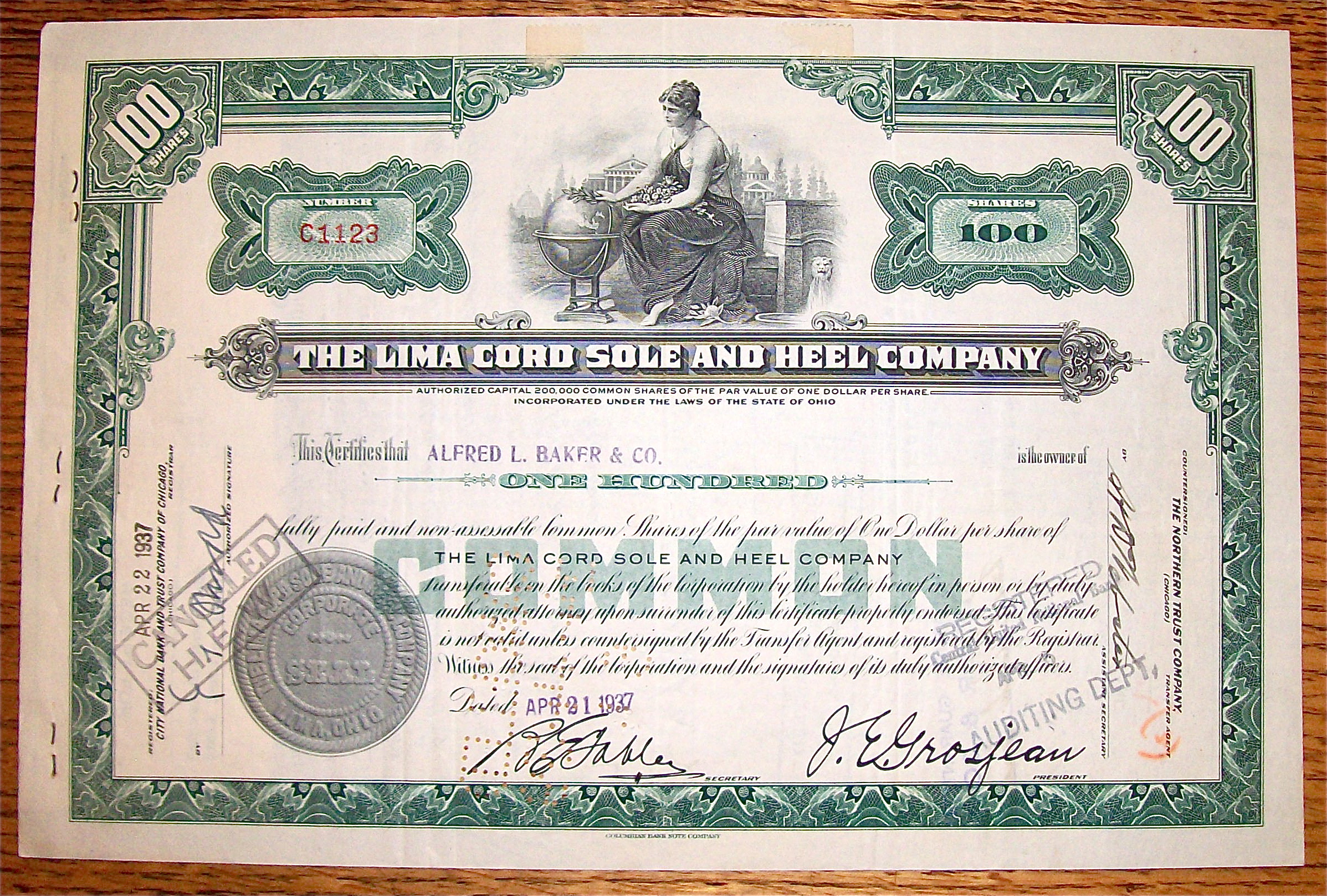1937 Lima Cord Sole & Heel Company Stock Certificate