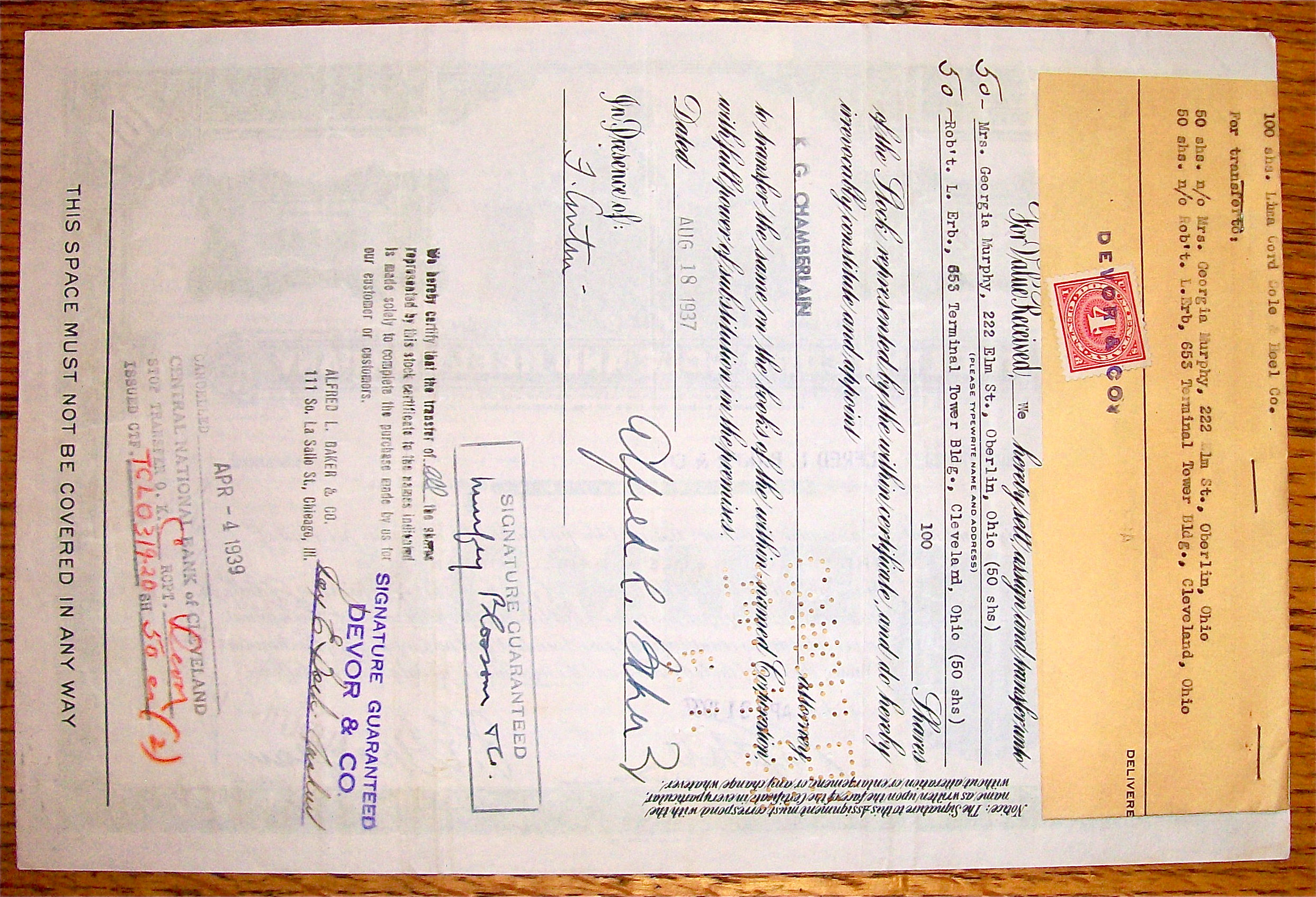 1937 Lima Cord Sole & Heel Company Stock Certificate