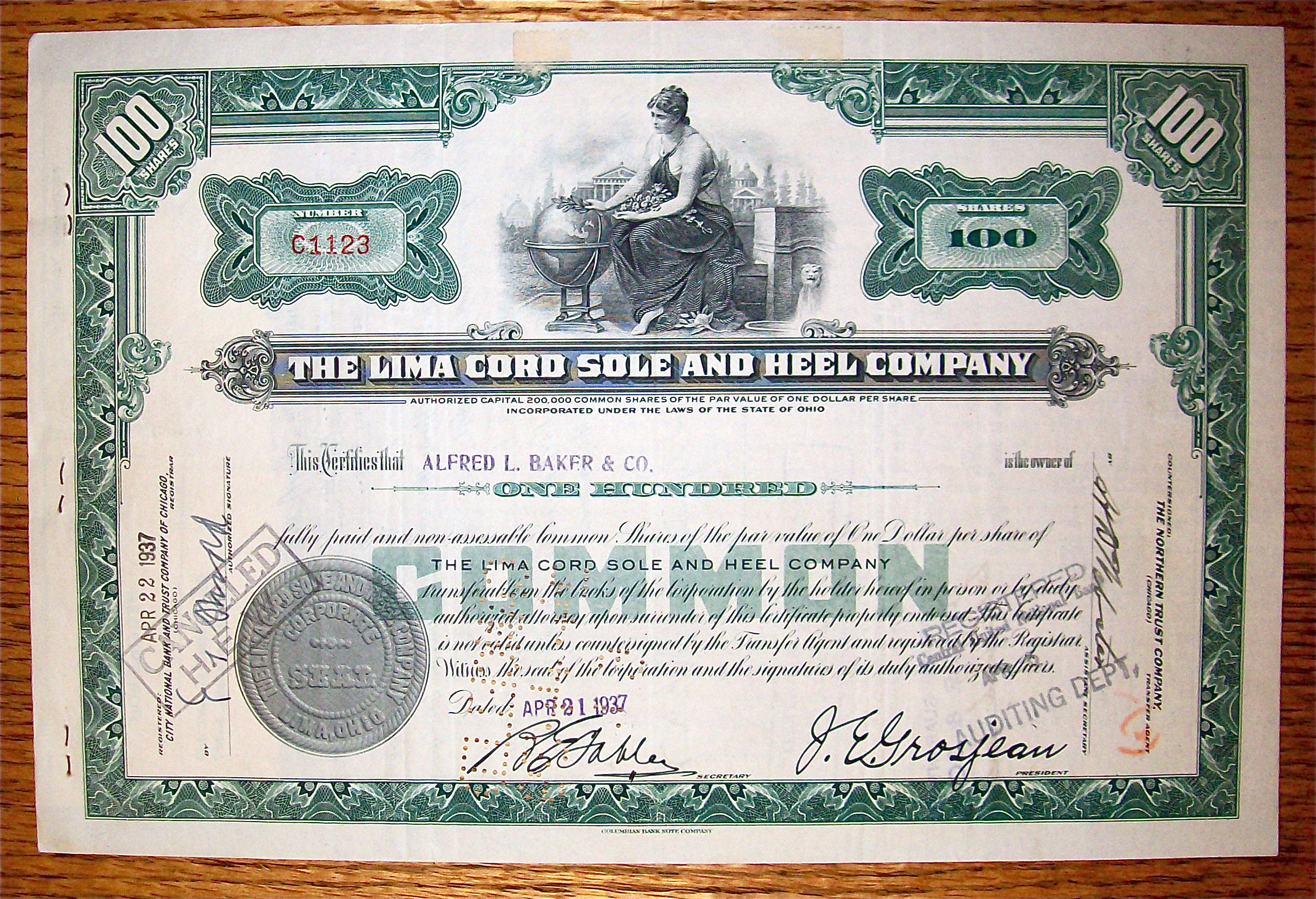 1937 Lima Cord Sole & Heel Company Stock Certificate