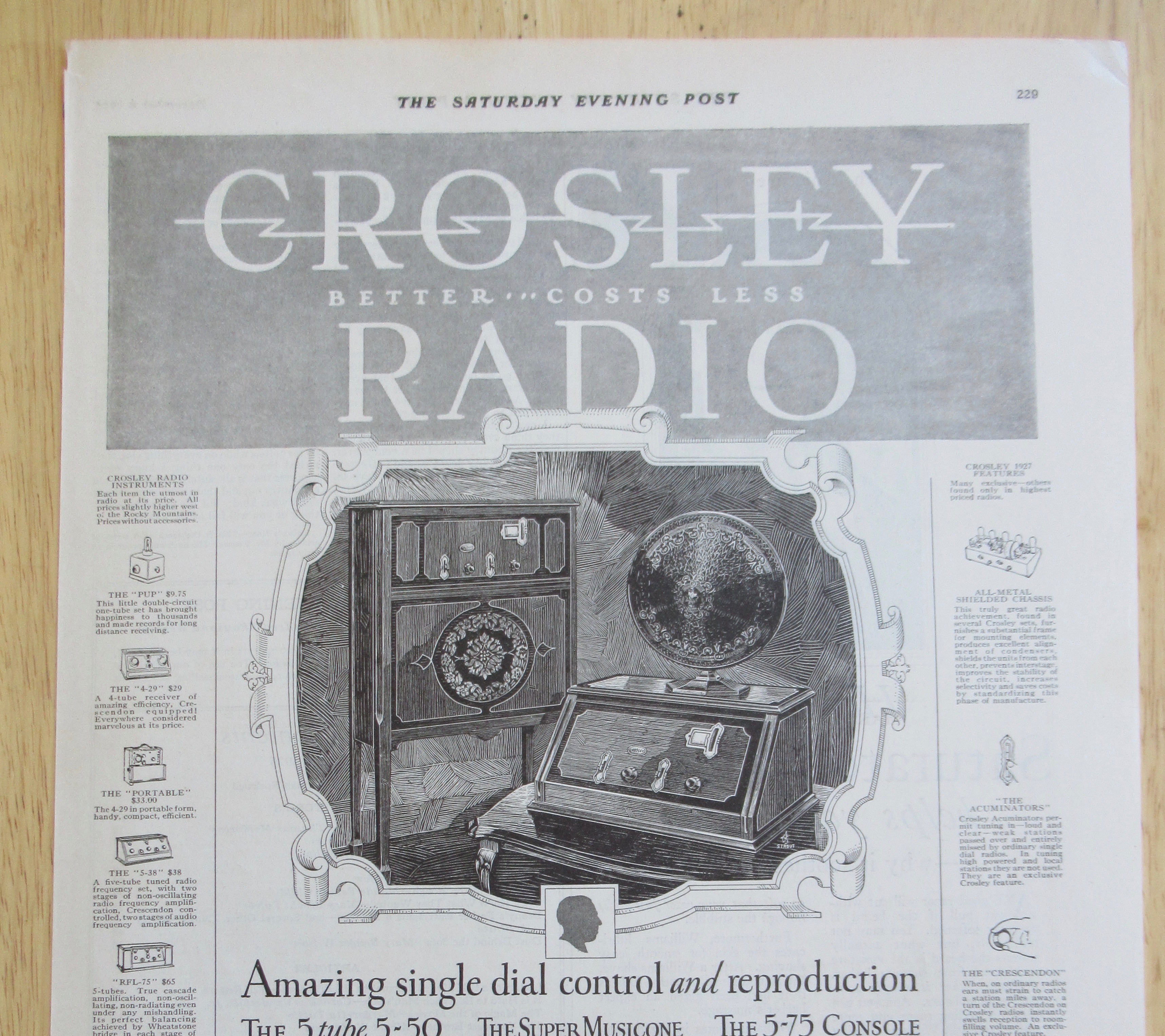 1926 Crosley Radio w/Single Dial Control & Reproduction