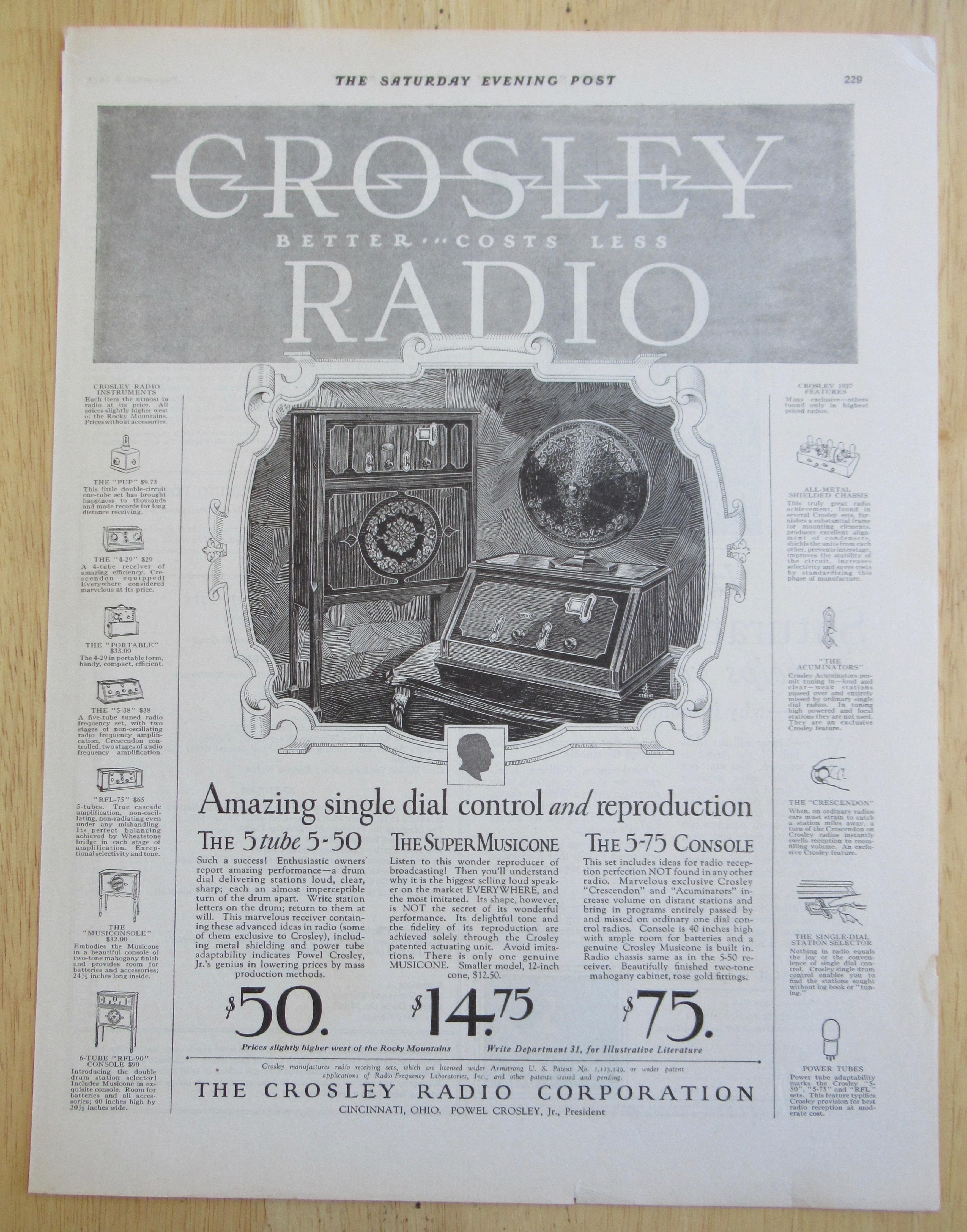1926 Crosley Radio w/Single Dial Control & Reproduction