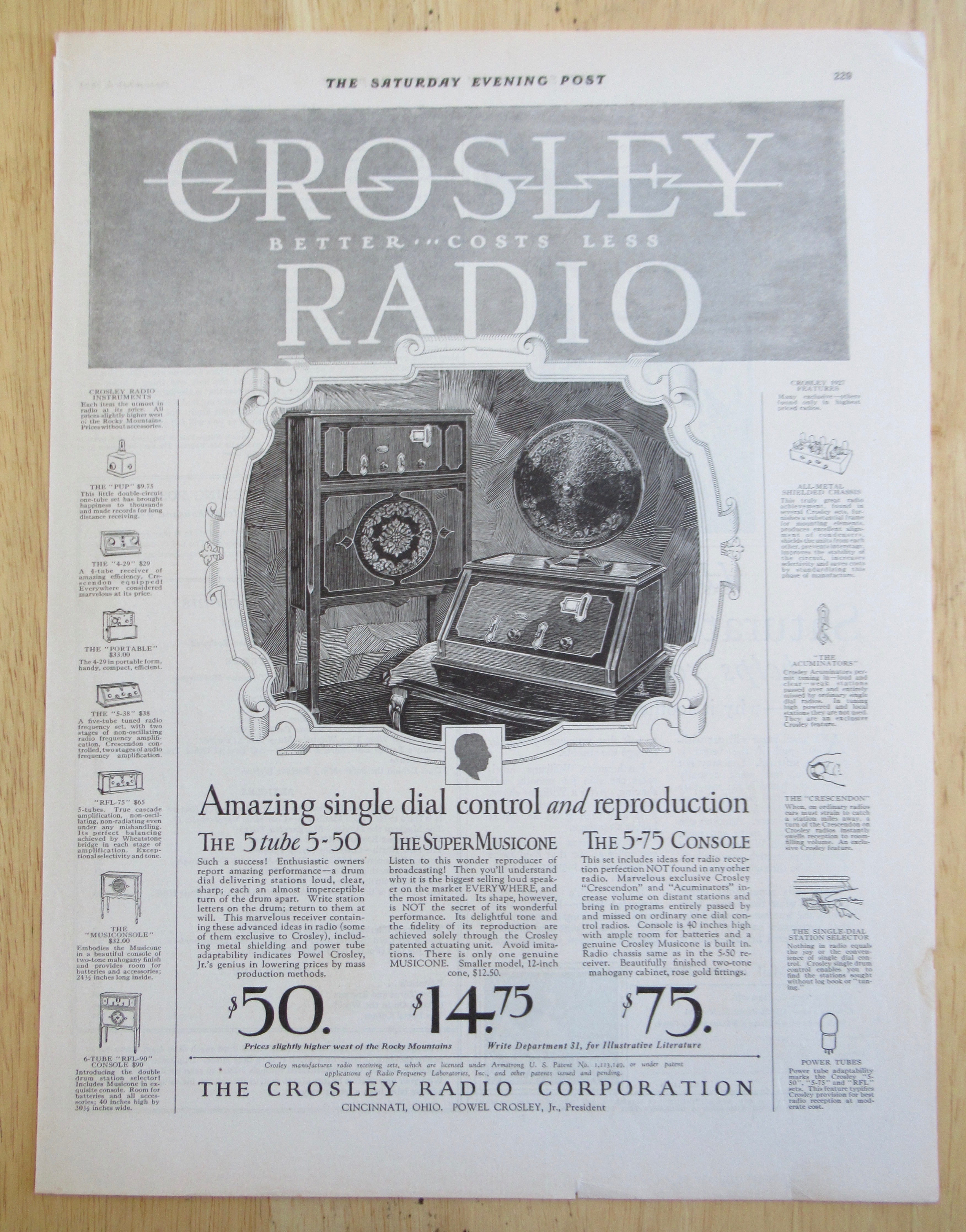 1926 Crosley Radio w/Single Dial Control & Reproduction