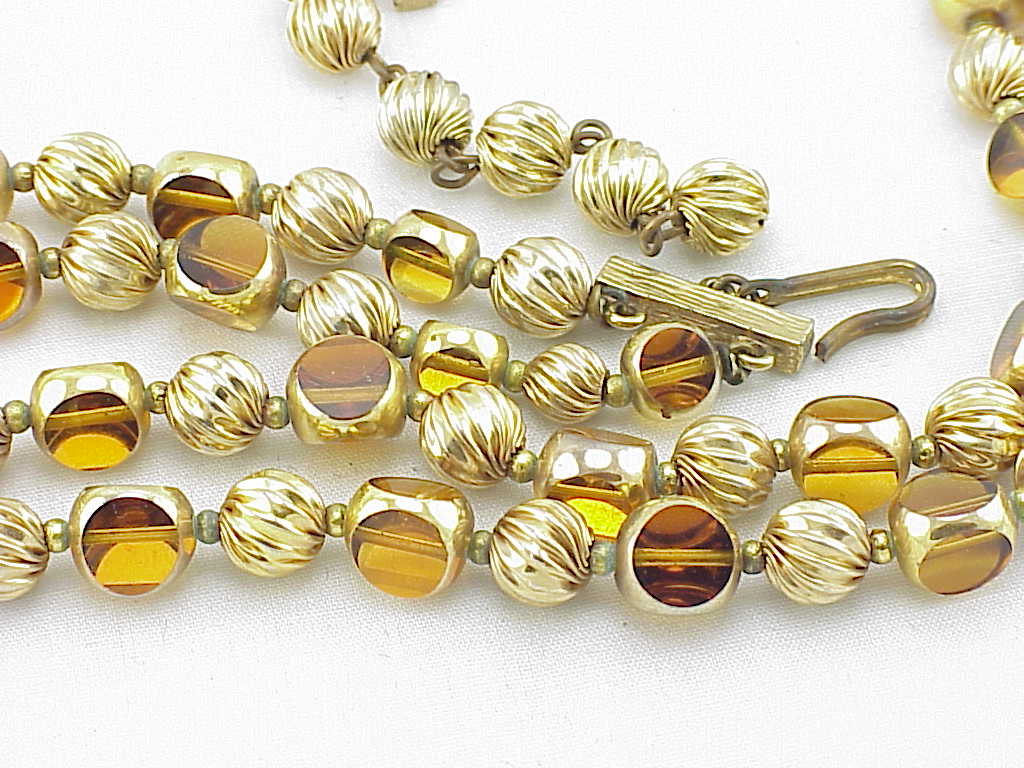 Vintage Double Strand Unique Amber Glass And Gold Bead Necklace