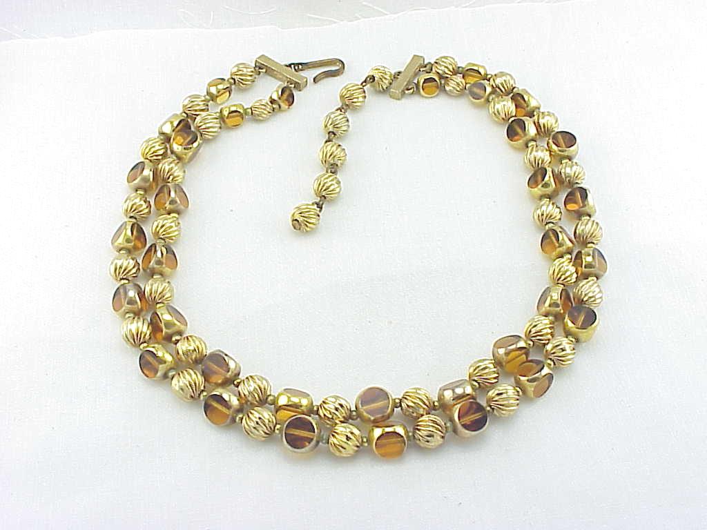 Vintage Double Strand Unique Amber Glass And Gold Bead Necklace