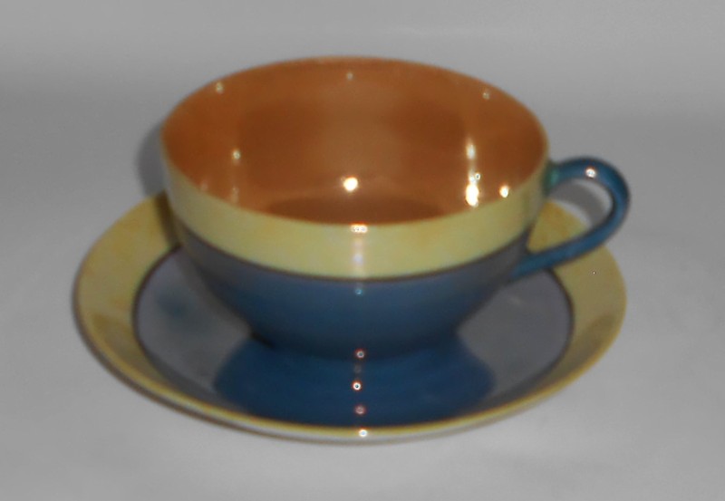 Japan Porcelain Blue Yellow Orange Lustre Wear Cup & Saucer Set