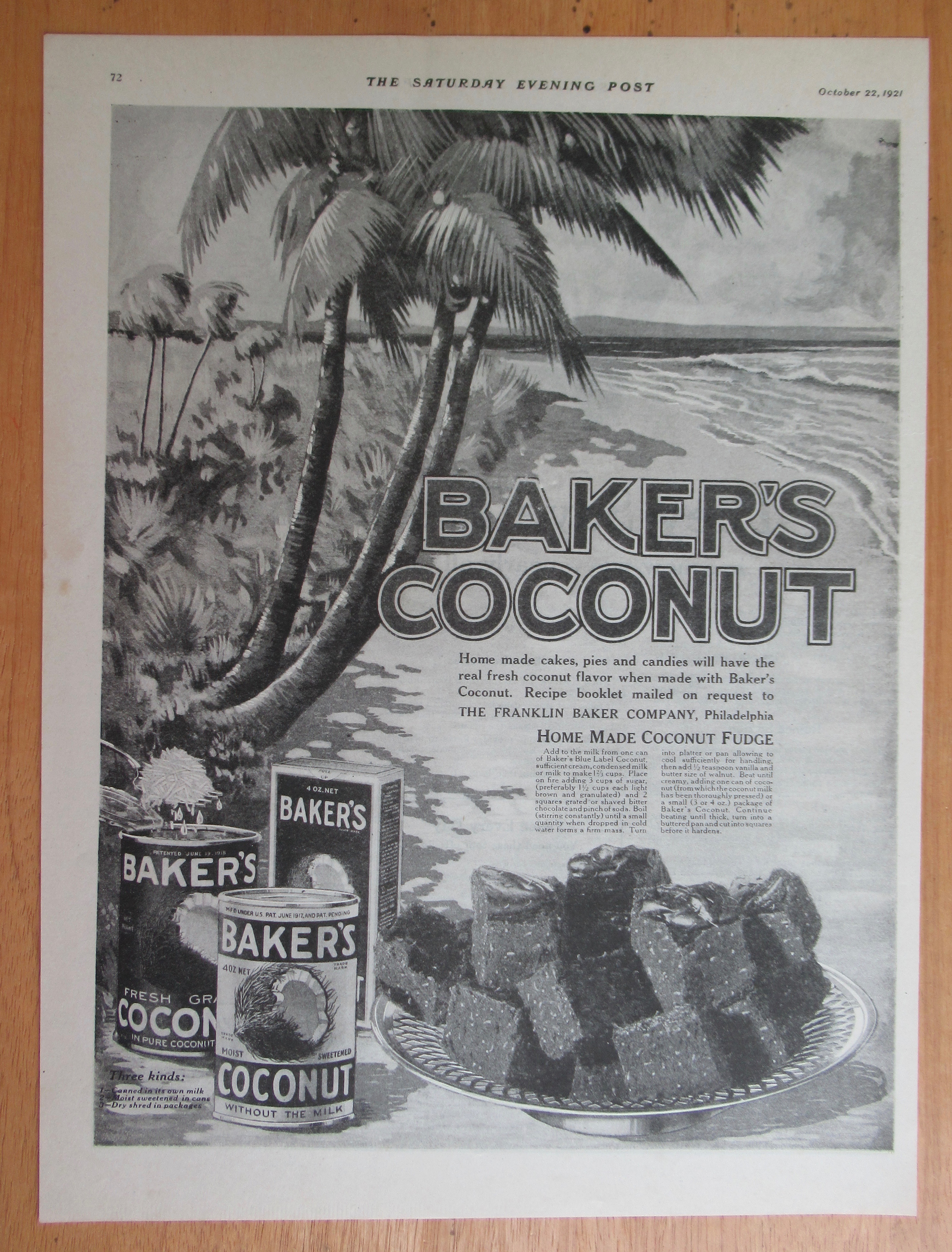 1921 Baker's Coconut with Home Made Coconut Fudge