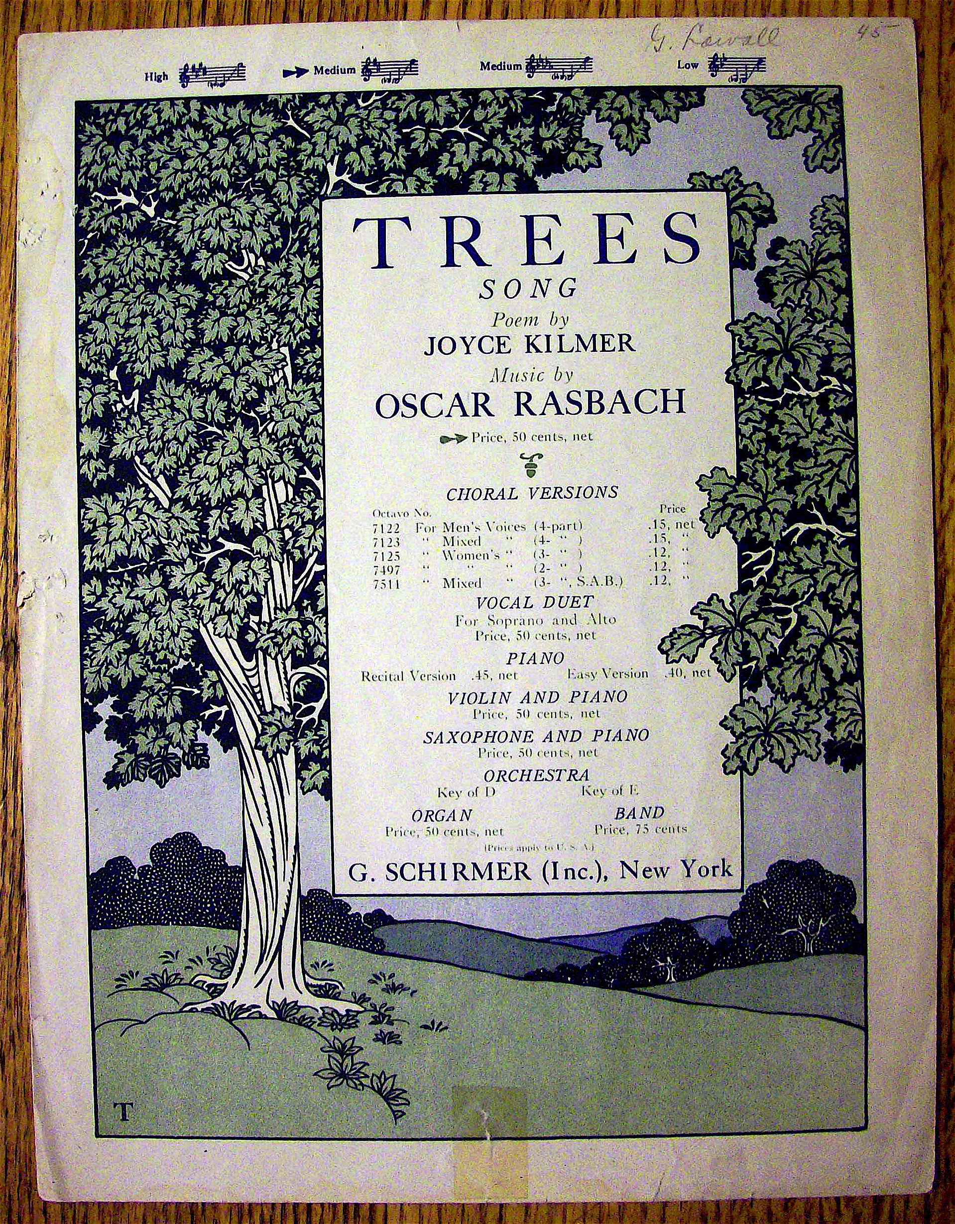 1922 Trees Song By Oscar Rasbach (Poem By Joyce Kilmer)
