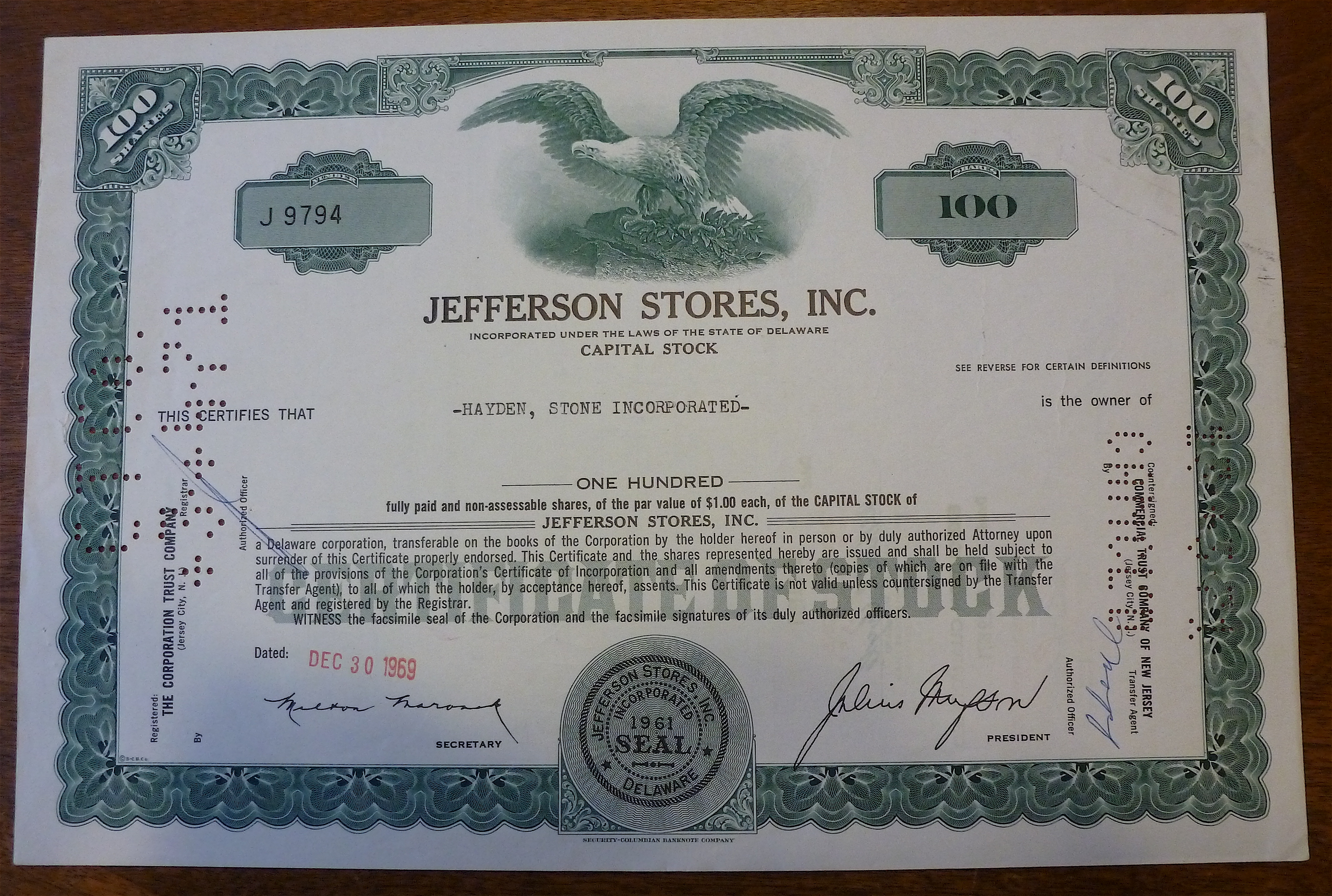 1969 Jefferson Stores Inc. Stock Certificate