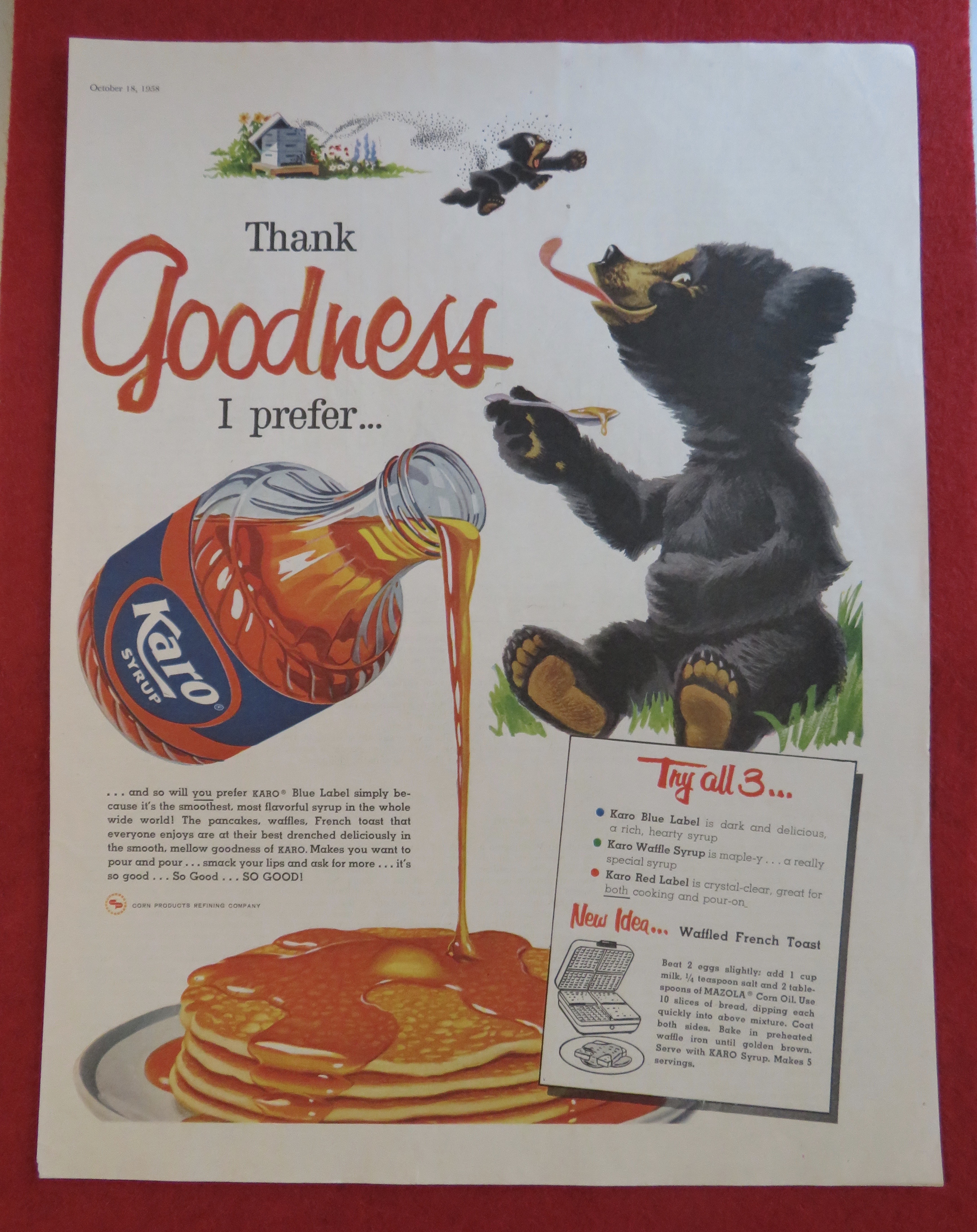 1958 Karo Syrup with Bear Licking A Spoonful Of Syrup