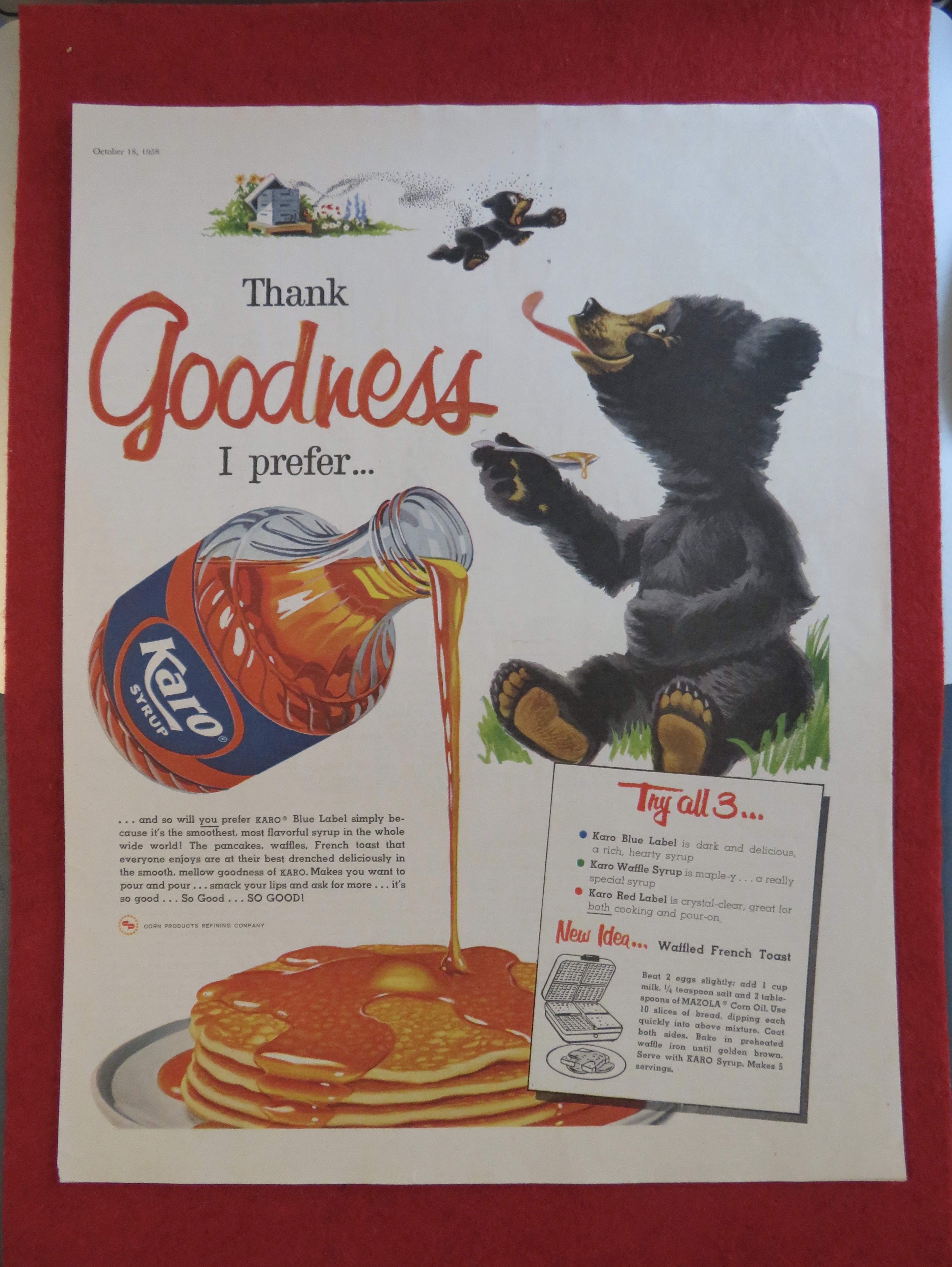 1958 Karo Syrup with Bear Licking A Spoonful Of Syrup