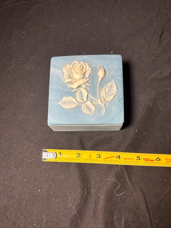 Vintage Blue & White Marbled Square Trinket Box with Raised Rose Design