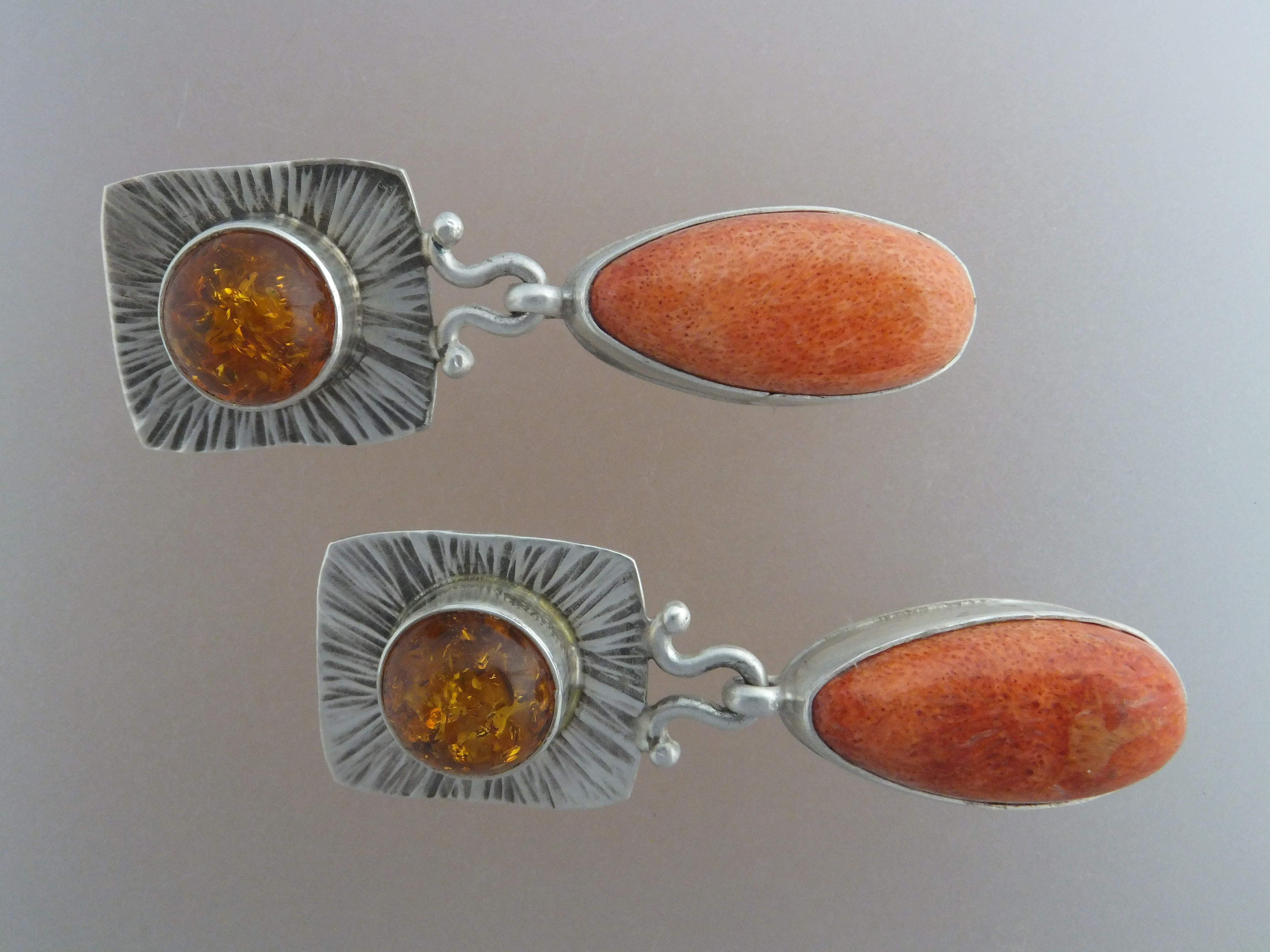David Troutman Apple Coral Amber Sterling Silver Earrin