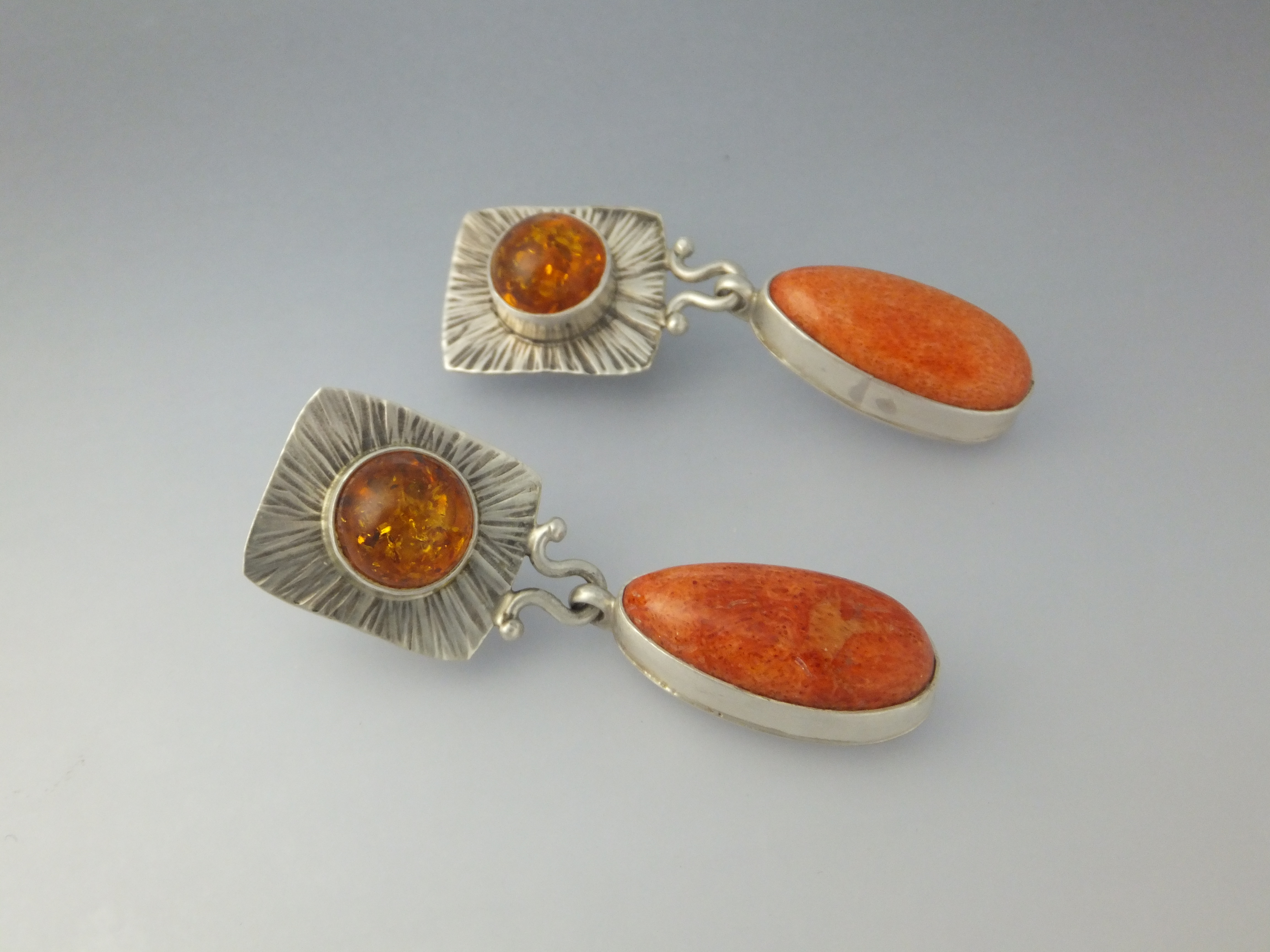David Troutman Apple Coral Amber Sterling Silver Earrin