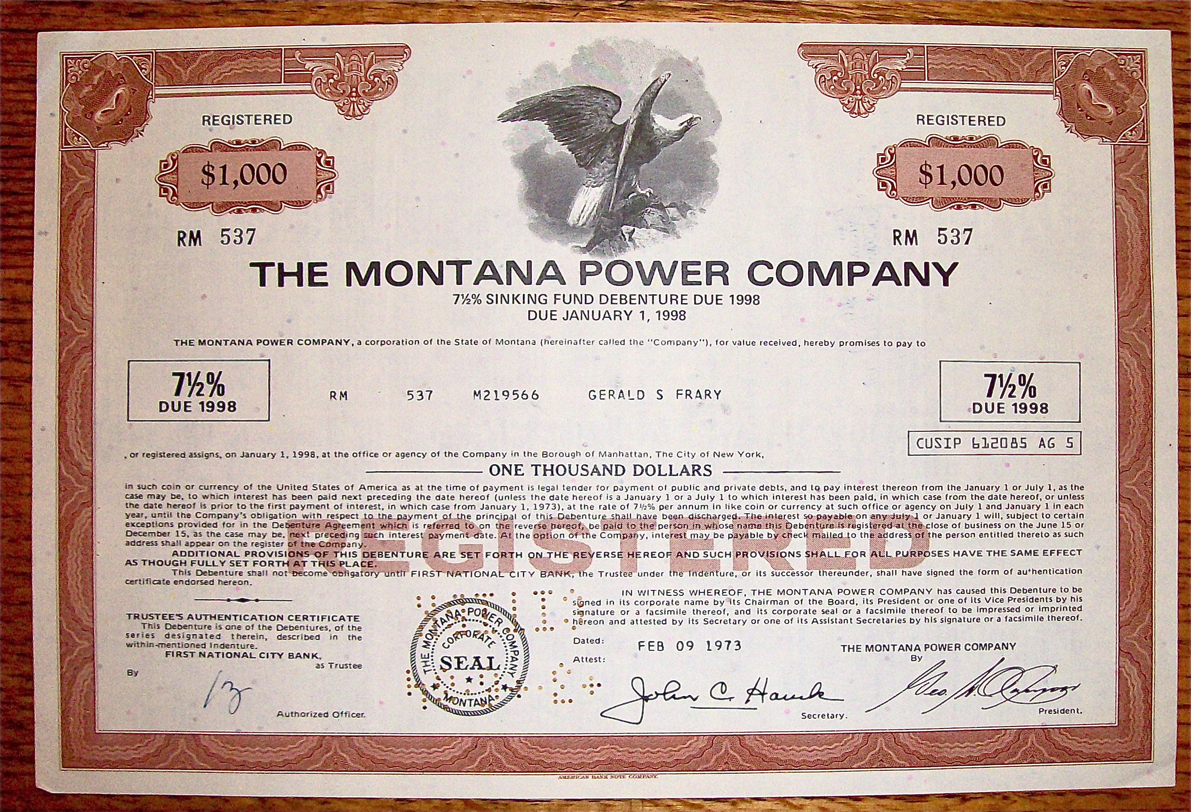 1973 Montana Power Company $1000 Debenture