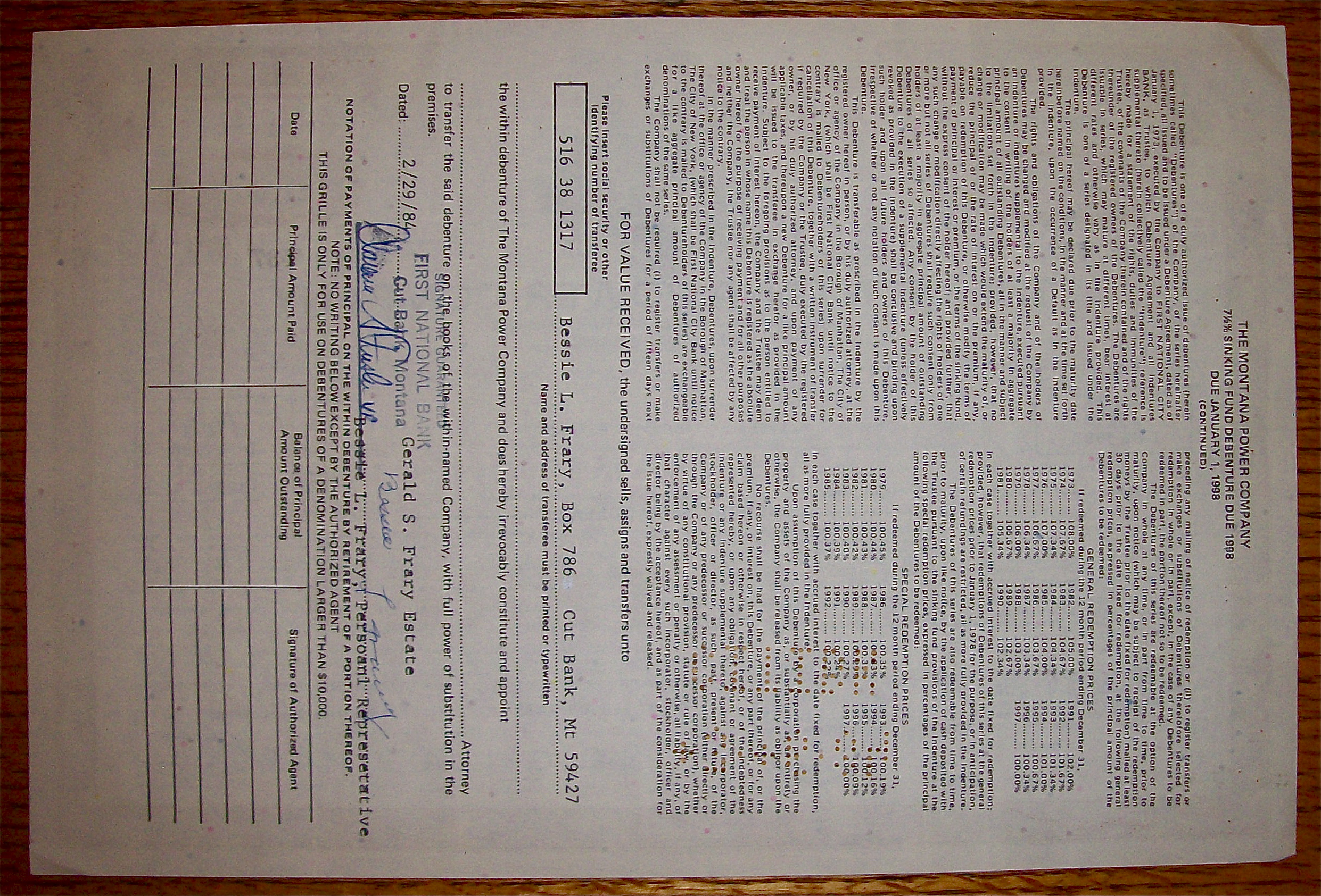 1973 Montana Power Company $1000 Debenture