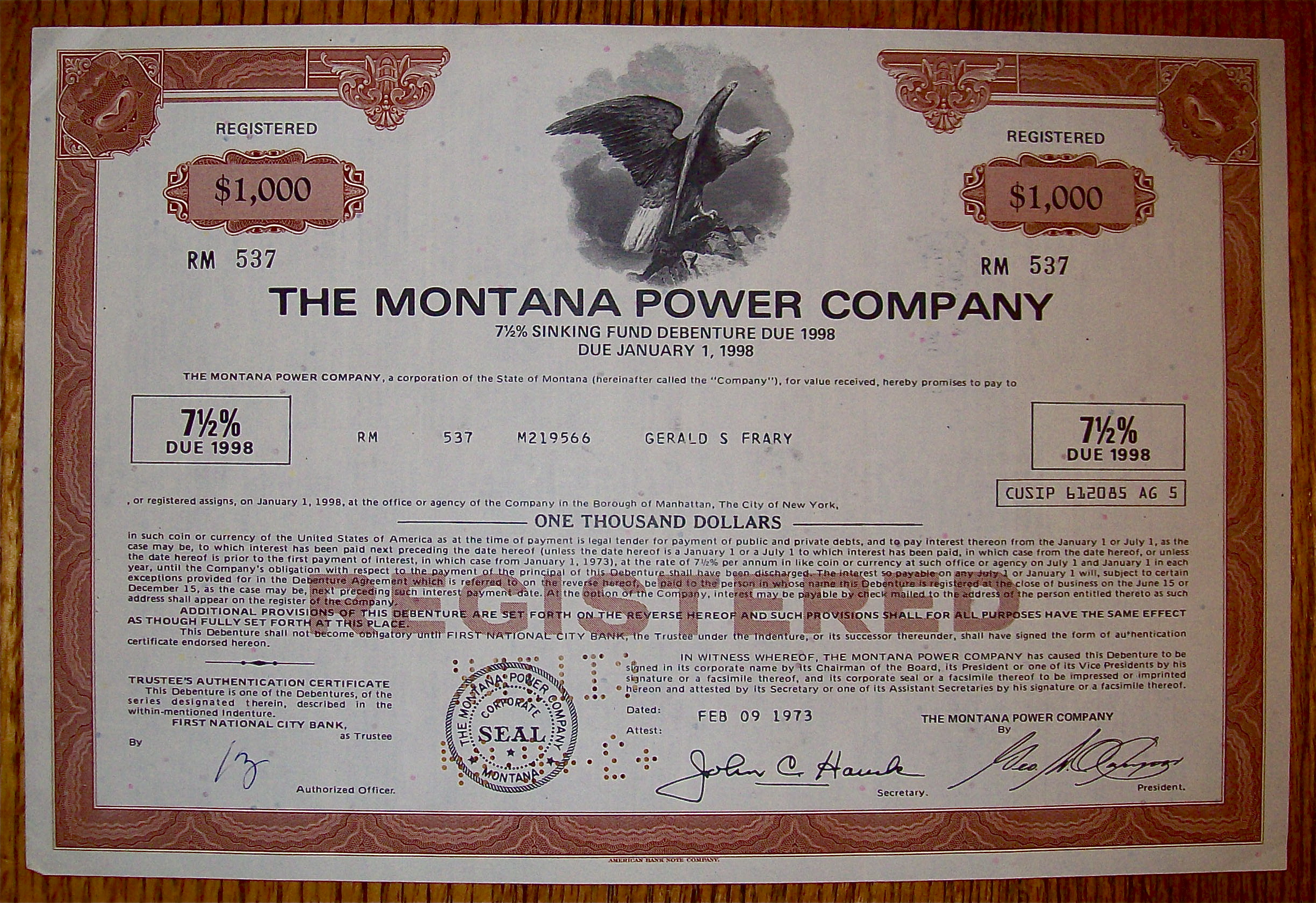 1973 Montana Power Company $1000 Debenture