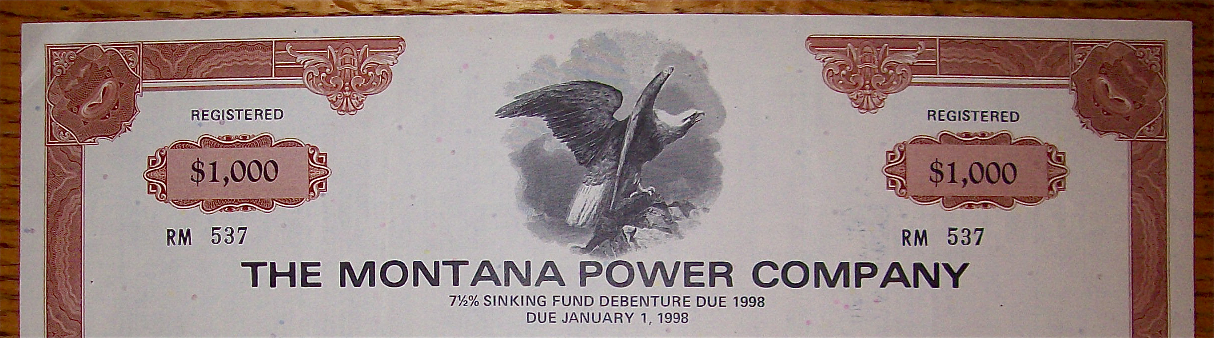 1973 Montana Power Company $1000 Debenture