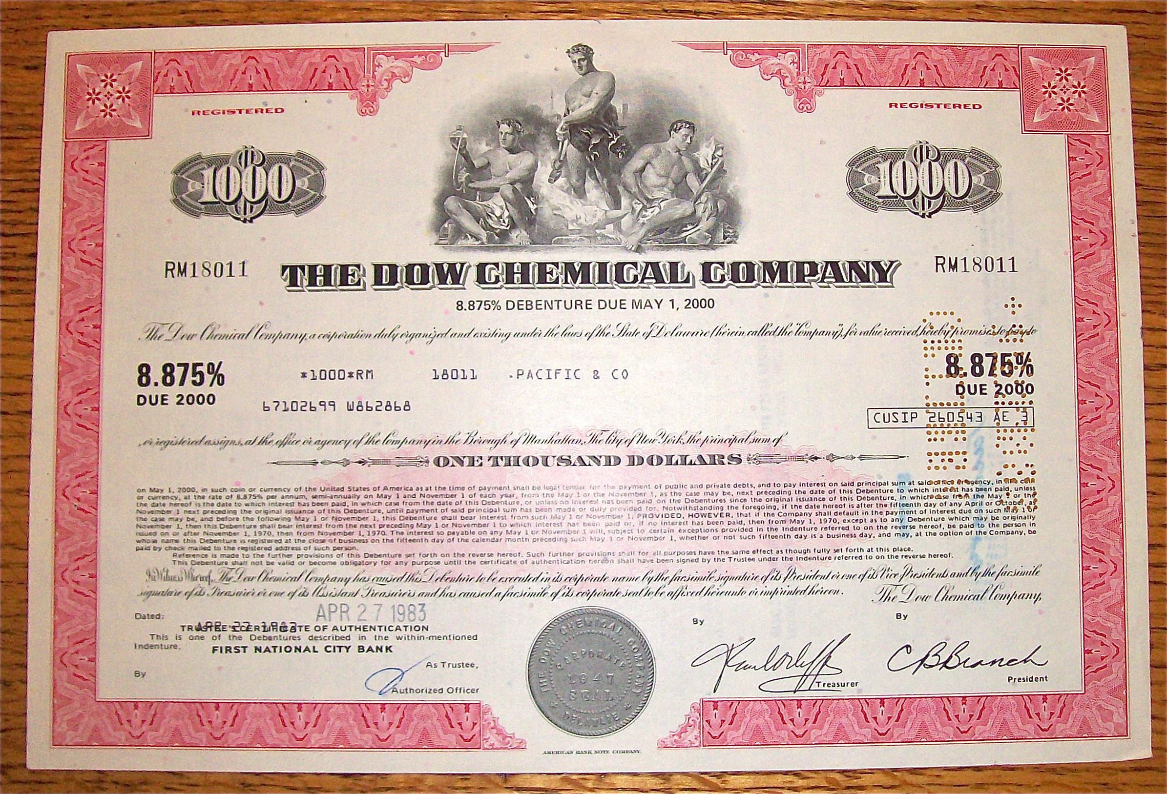 1983 Dow Chemical Company Stock Certificate