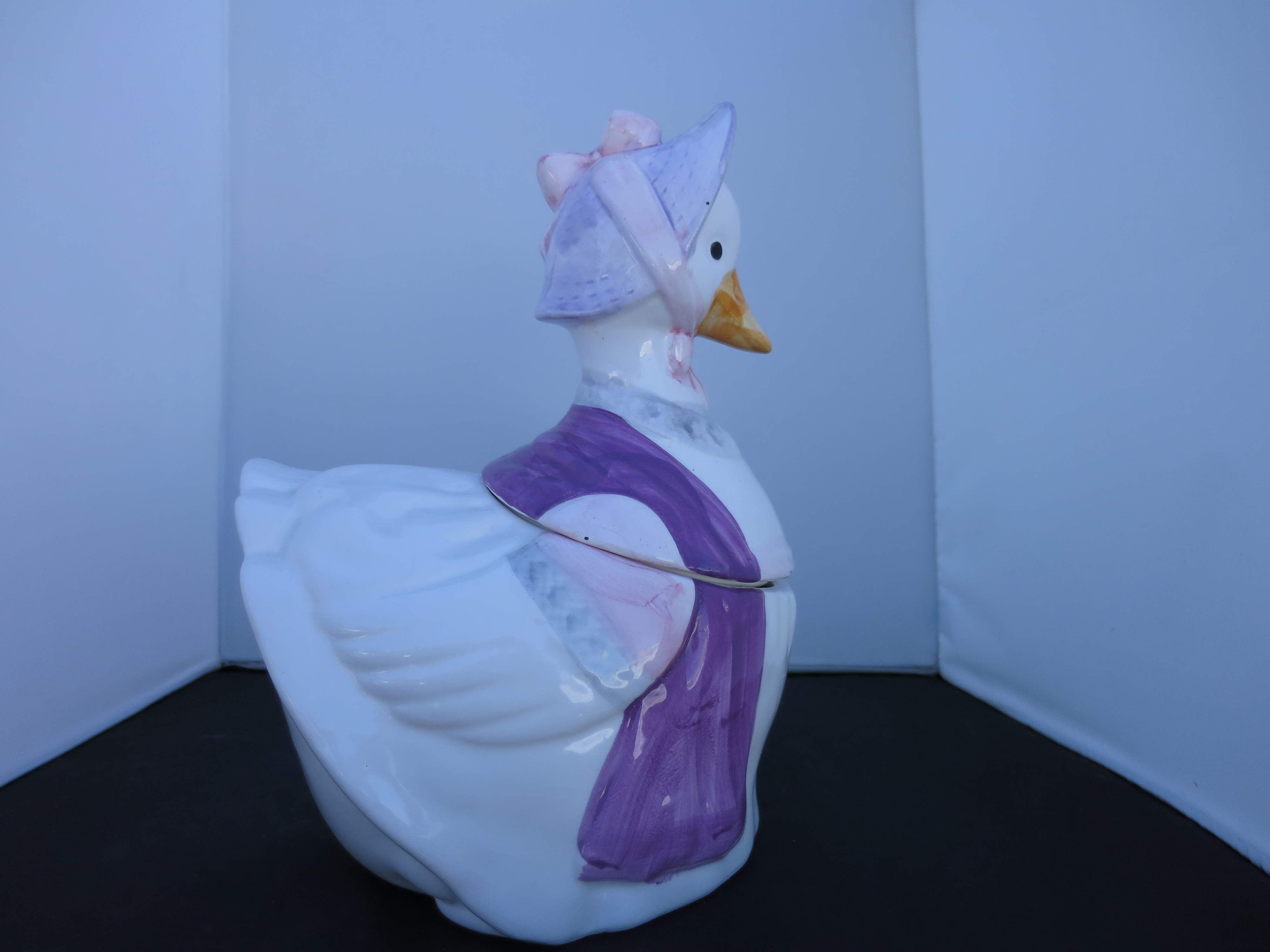 Duck Cookie Jar Purple hat and flowers China late 1970s