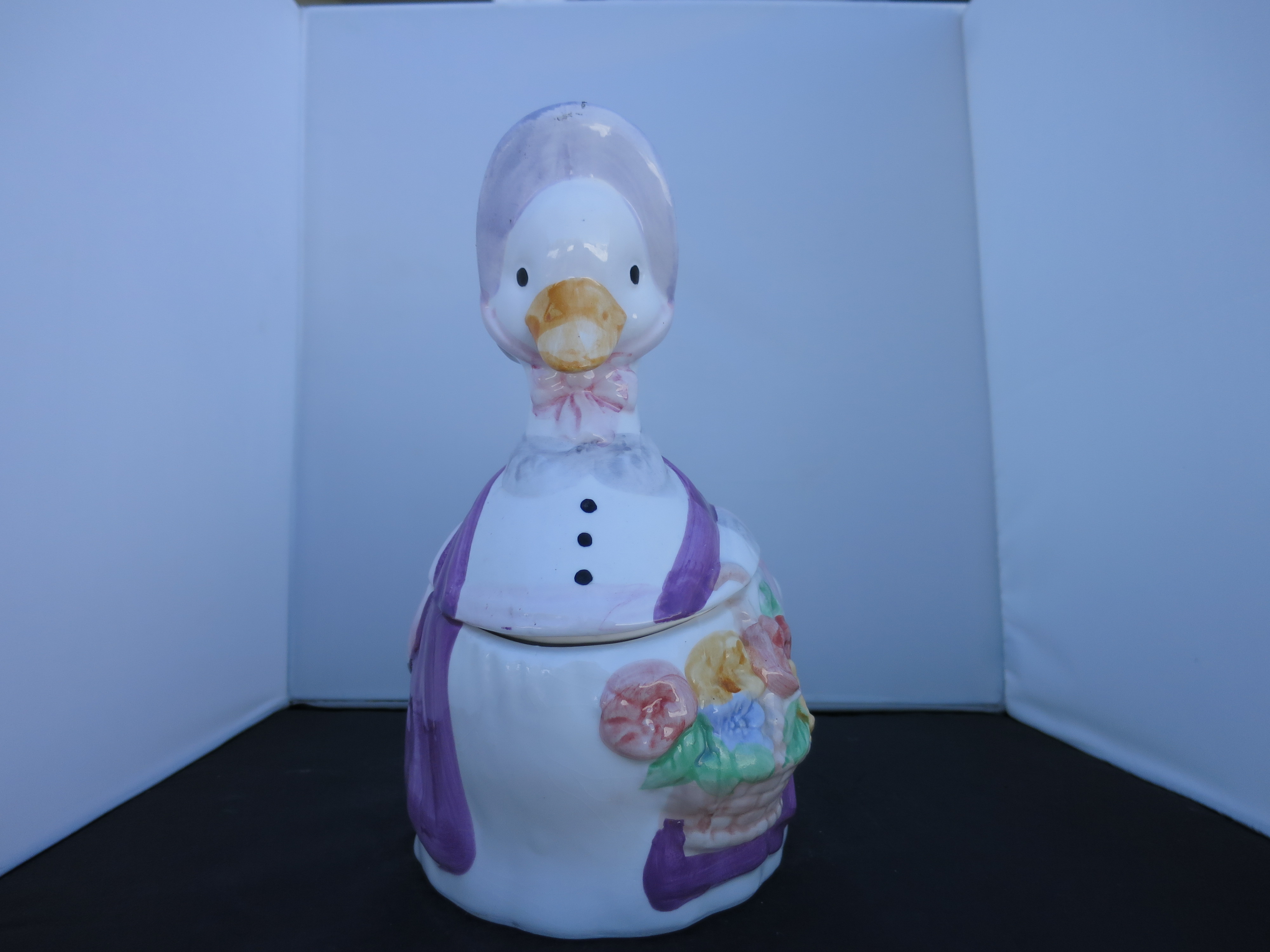 Duck Cookie Jar Purple hat and flowers China late 1970s