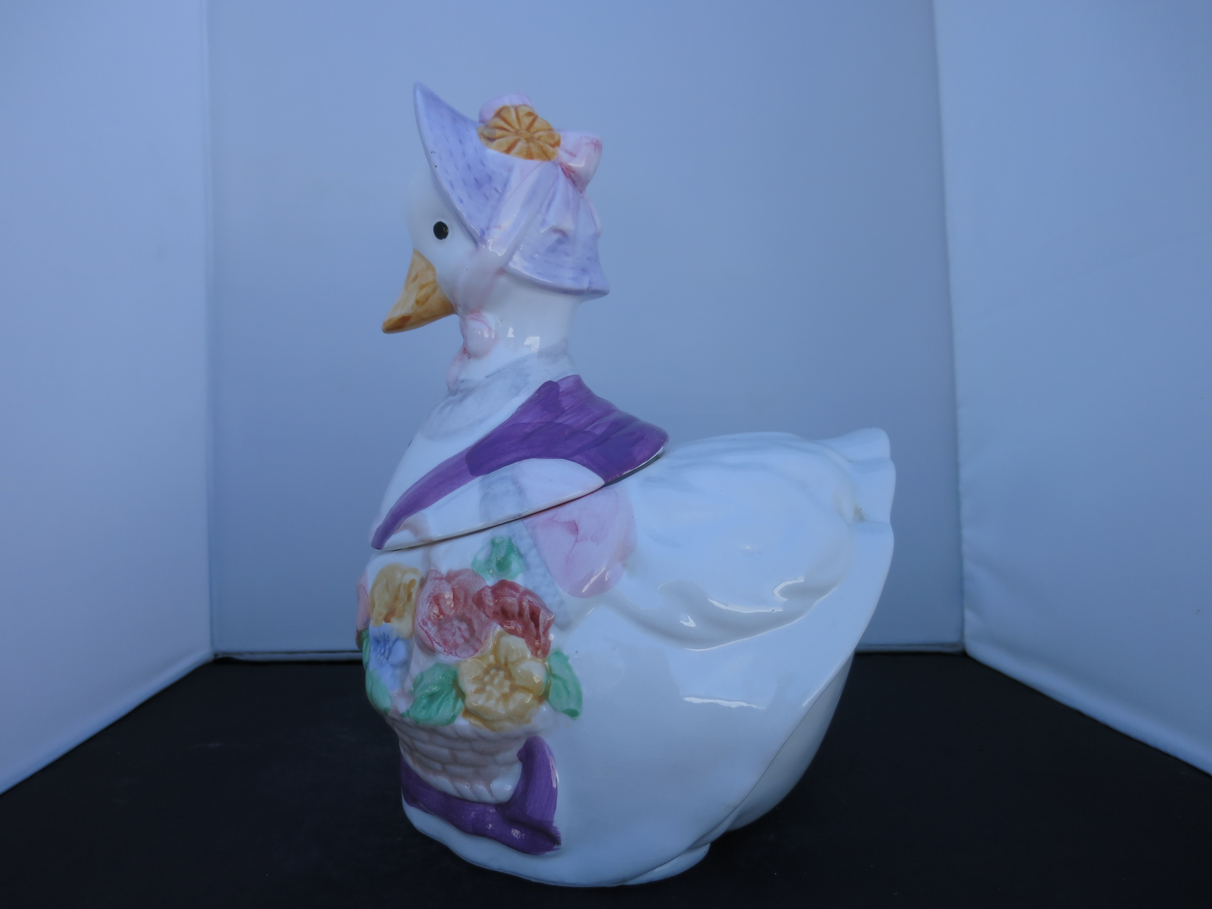 Duck Cookie Jar Purple hat and flowers China late 1970s