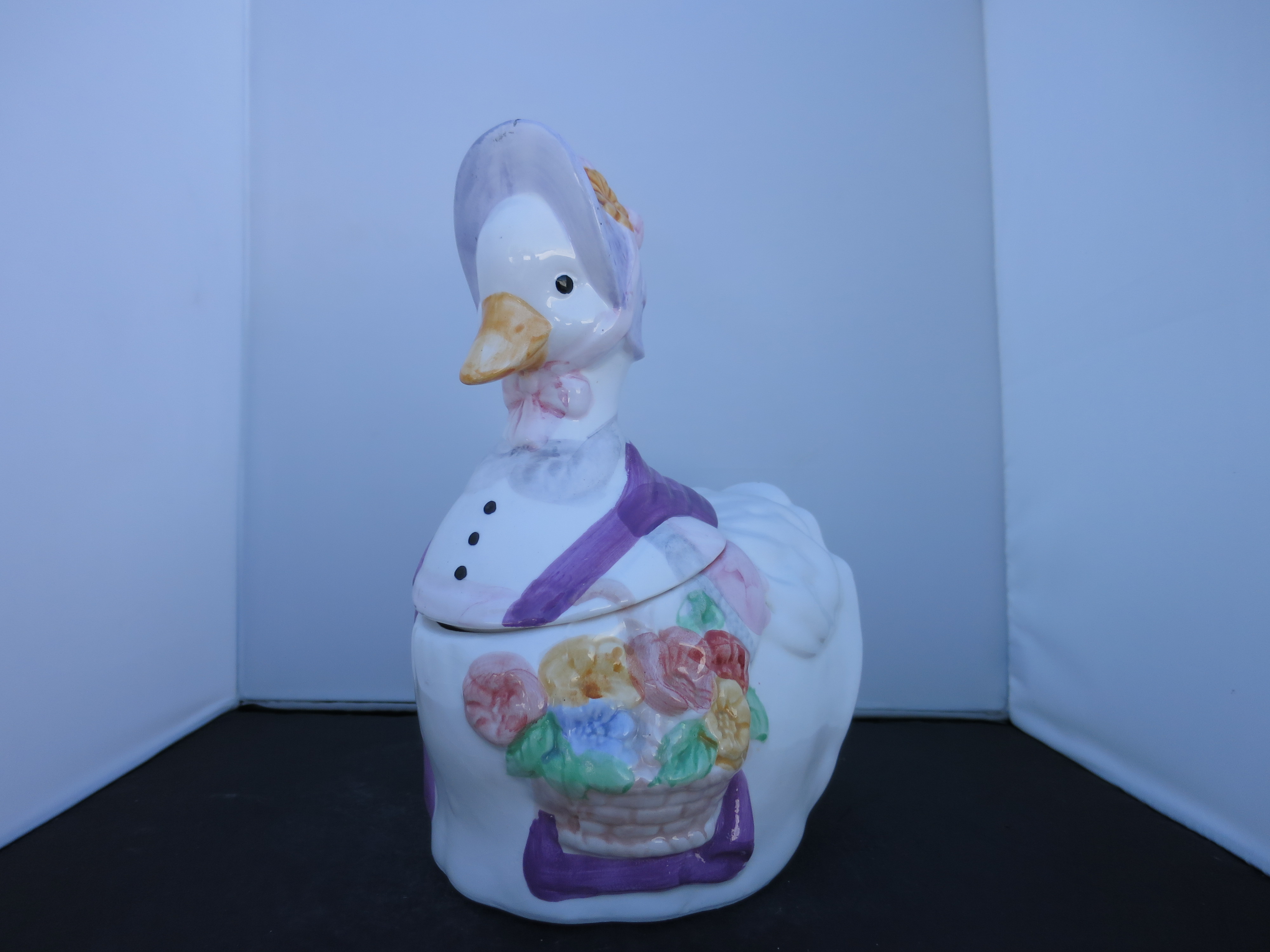 Duck Cookie Jar Purple hat and flowers China late 1970s