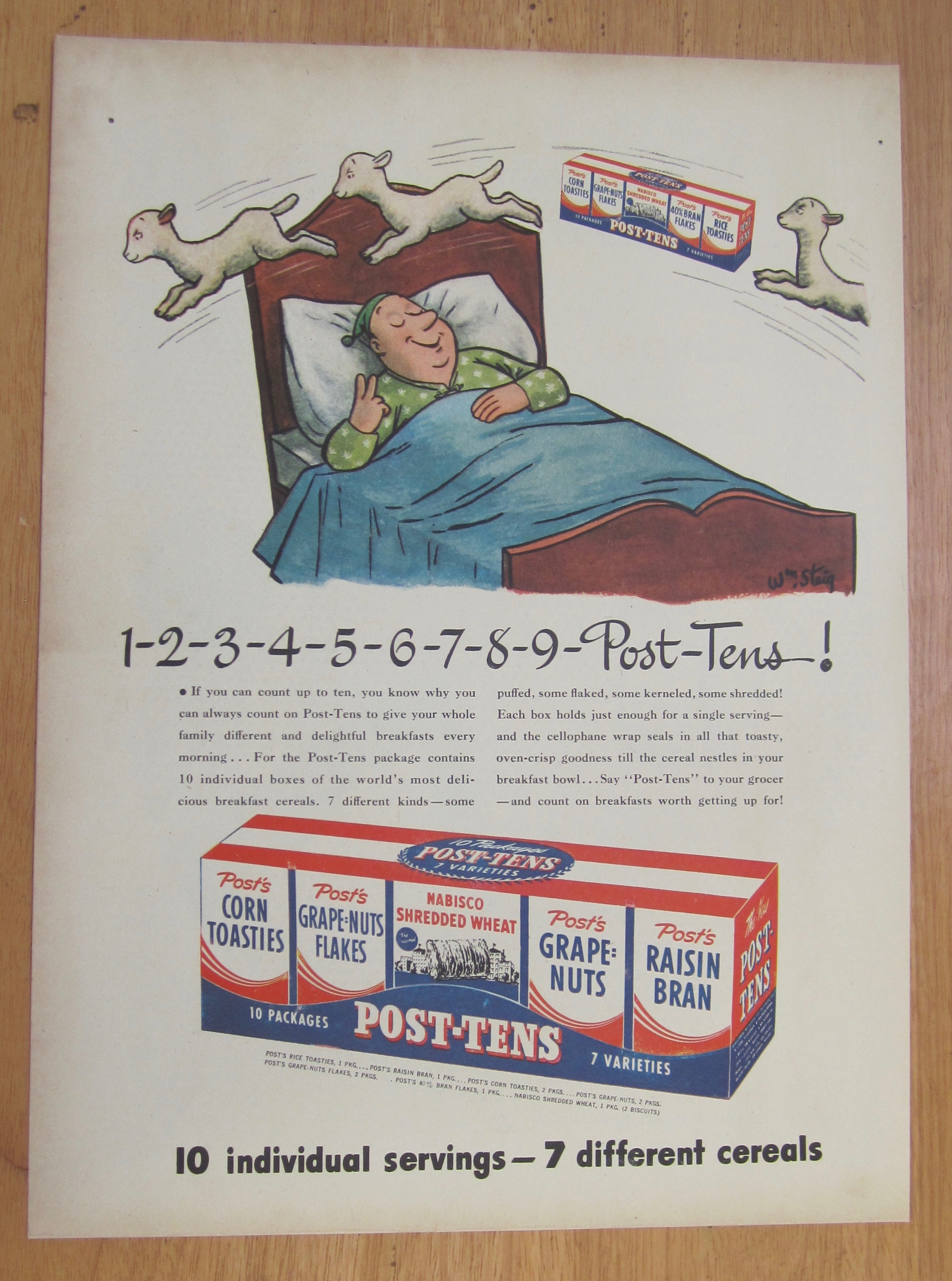 1946 Post Tens Cereal with Man Counting Sheep in Bed