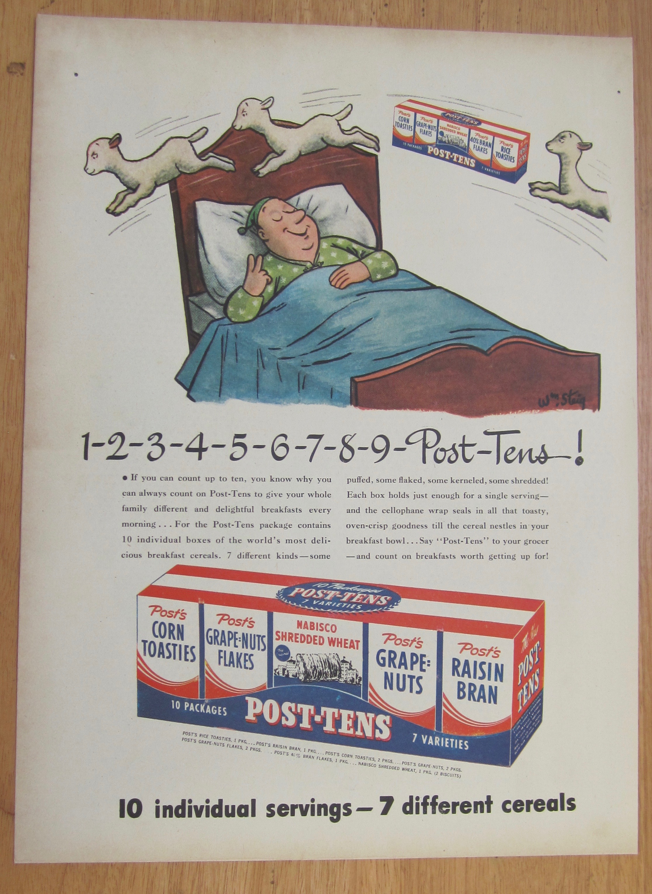1946 Post Tens Cereal with Man Counting Sheep in Bed