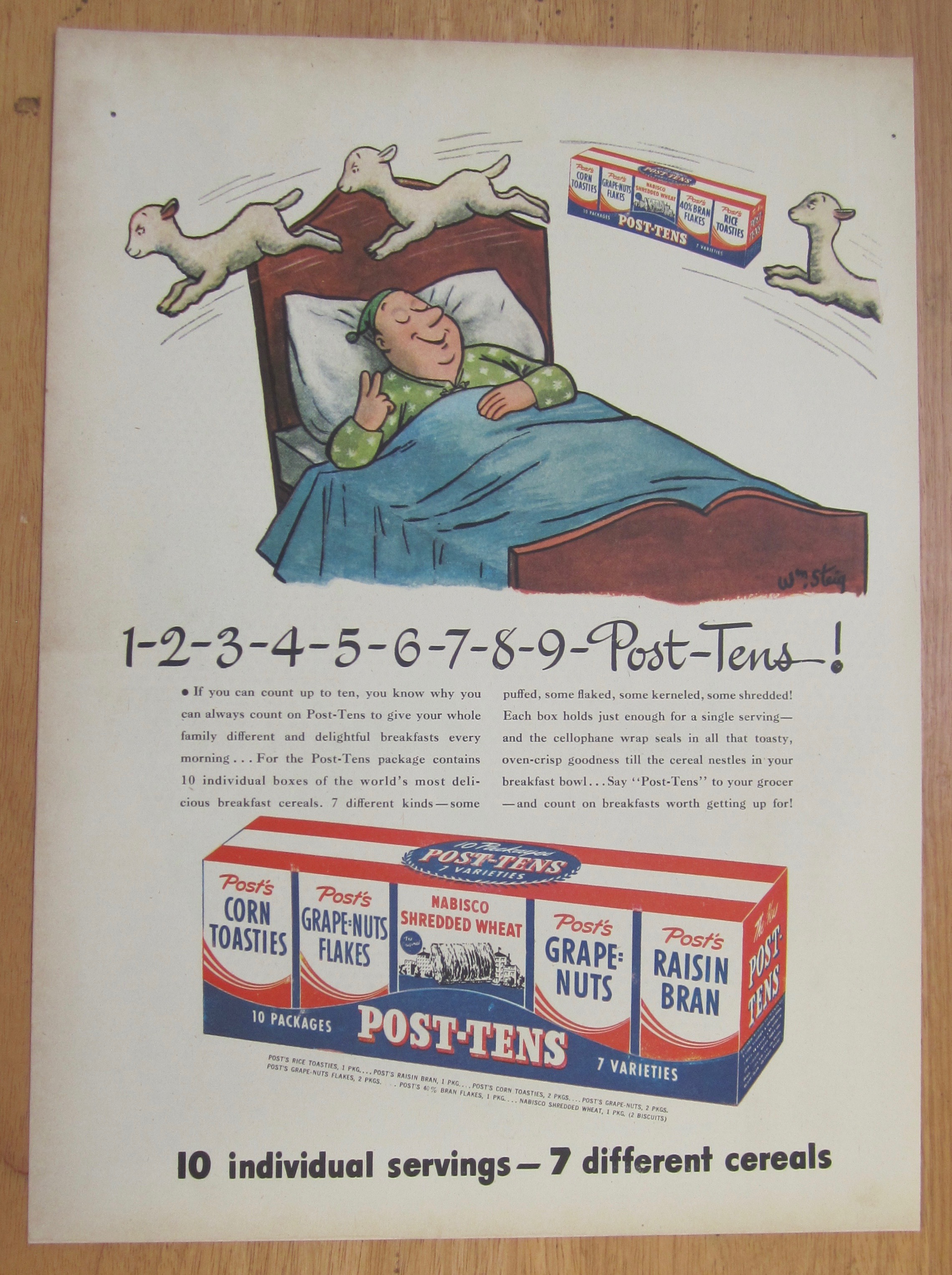 1946 Post Tens Cereal with Man Counting Sheep in Bed